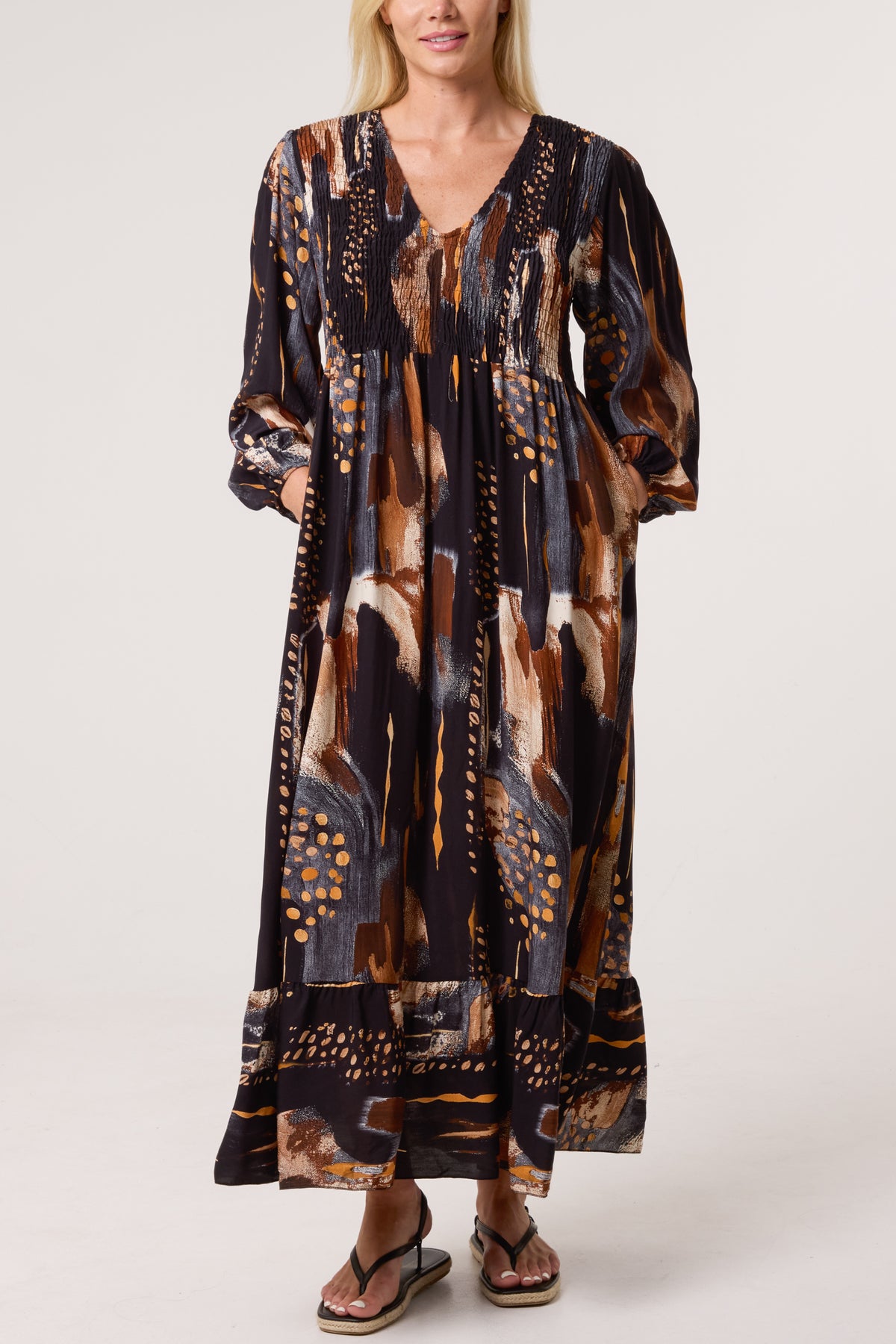 Multi Print Shirred Bust Midi Dress