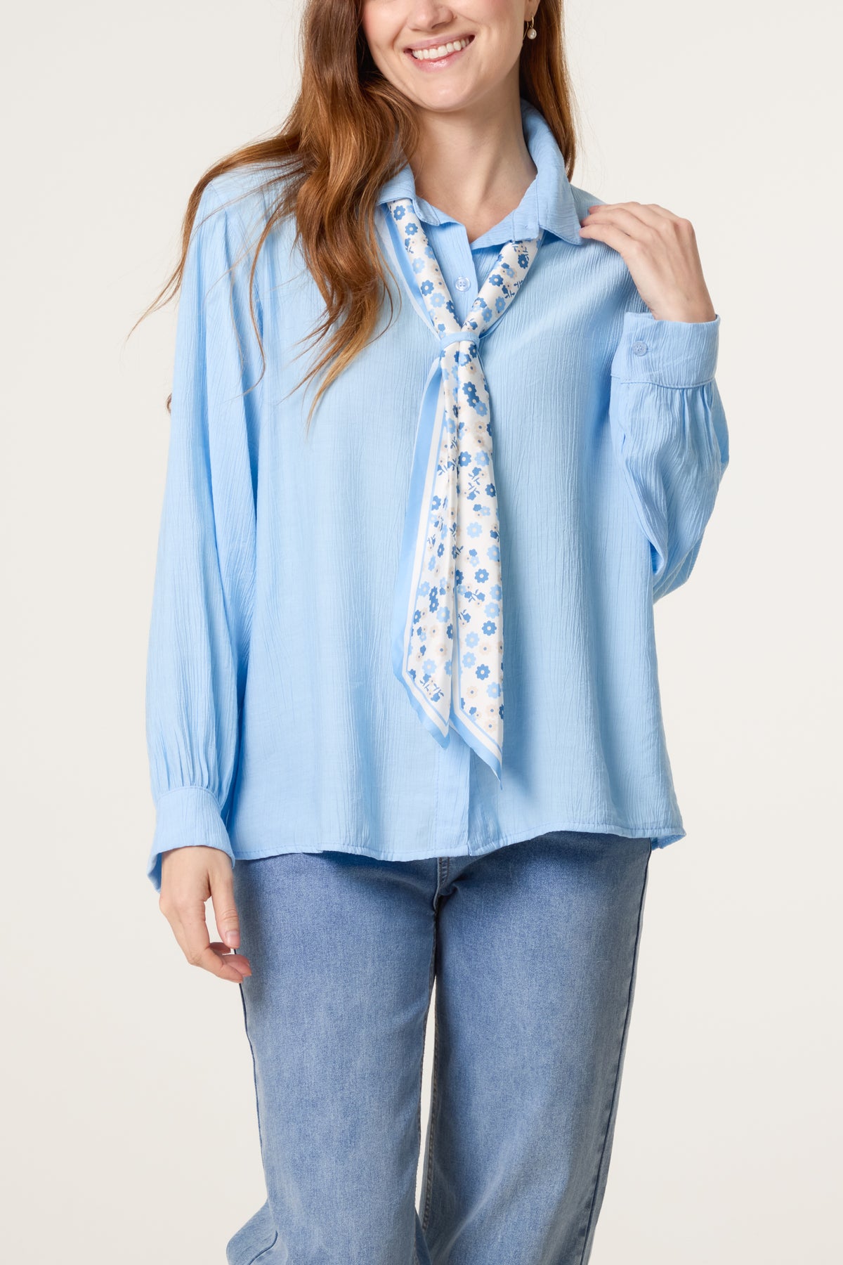 Floral Scarf Neck Crinkle Shirt