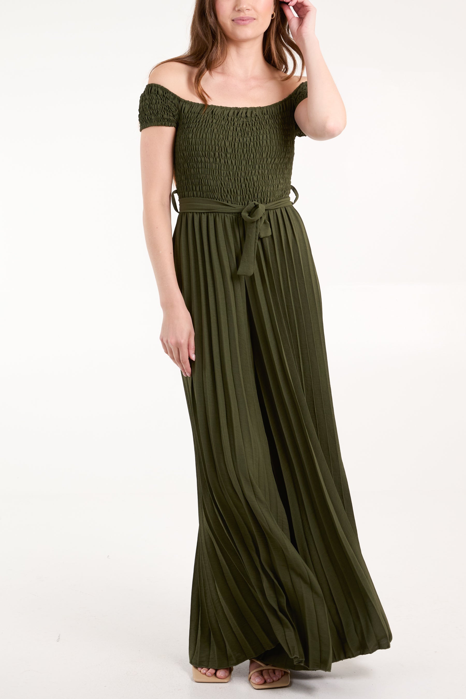 Bardot Shirred Bodice Pleated Leg Jumpsuit