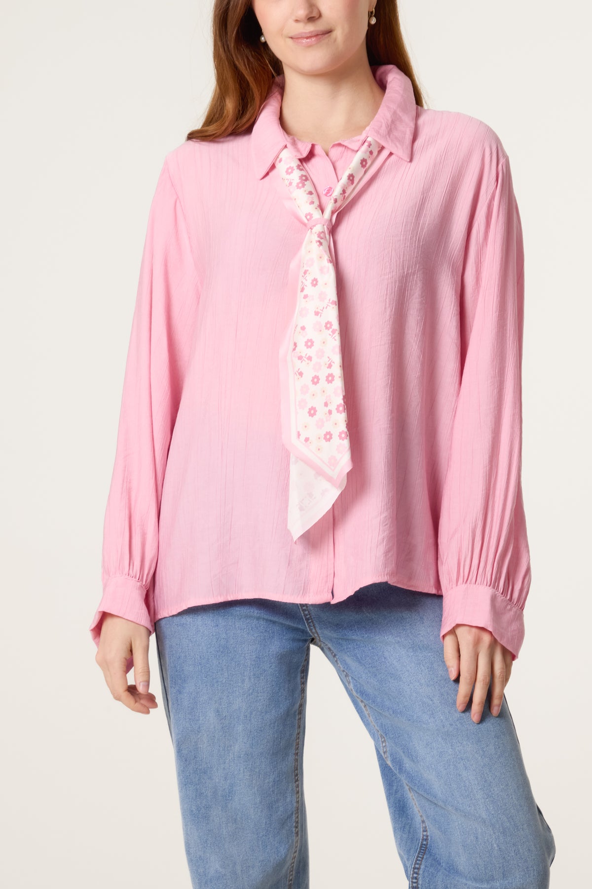 Floral Scarf Neck Crinkle Shirt