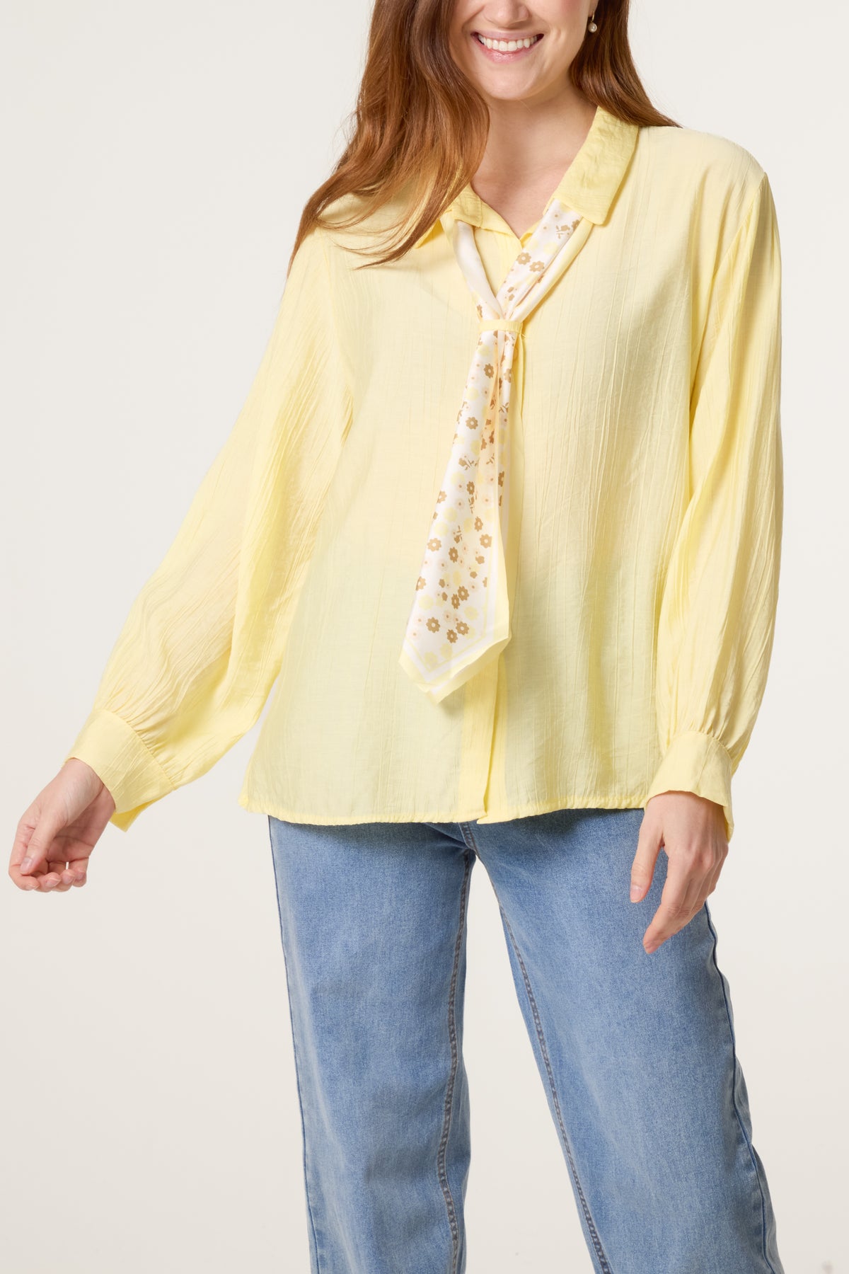 Floral Scarf Neck Crinkle Shirt
