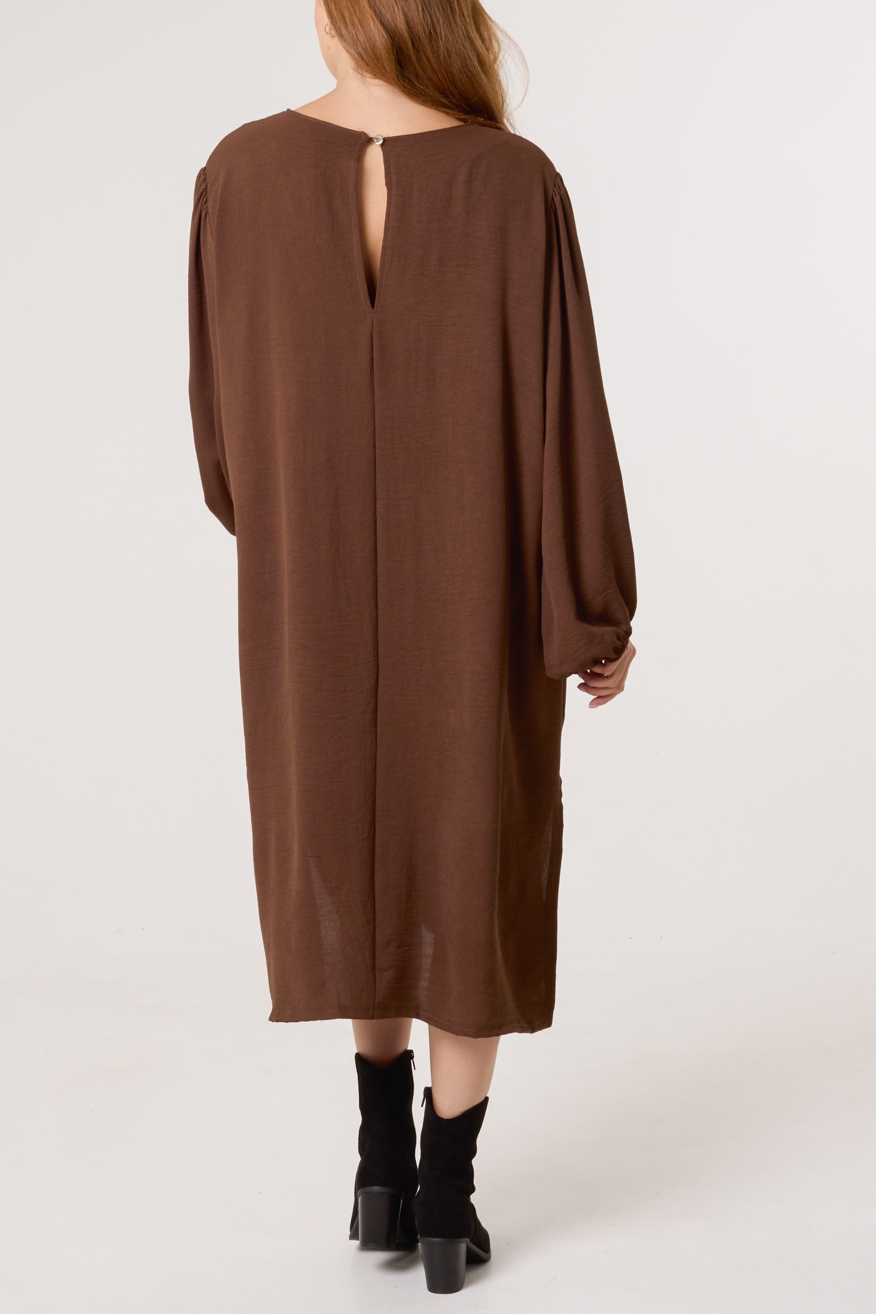 V-Neck Puffball Sleeve Midi Dress
