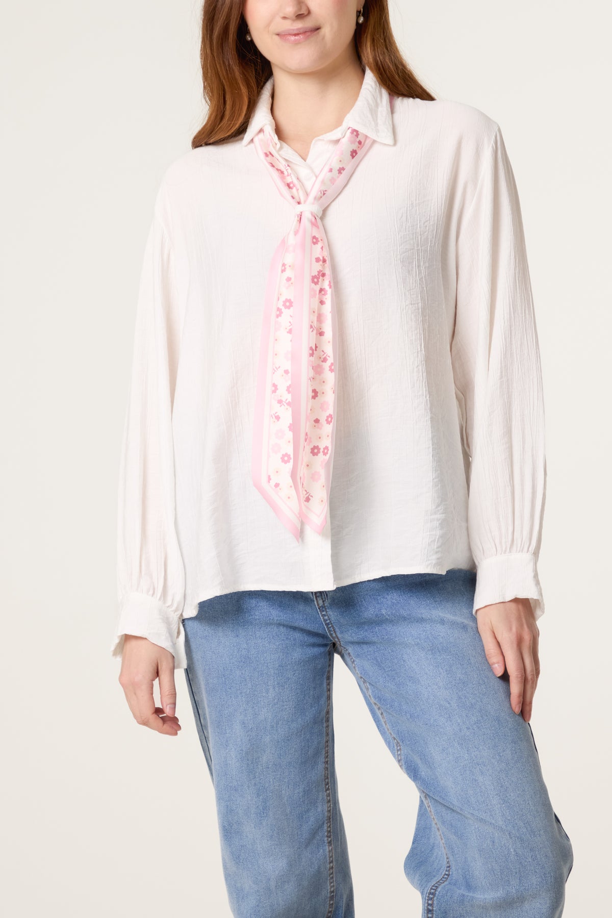Floral Scarf Neck Crinkle Shirt