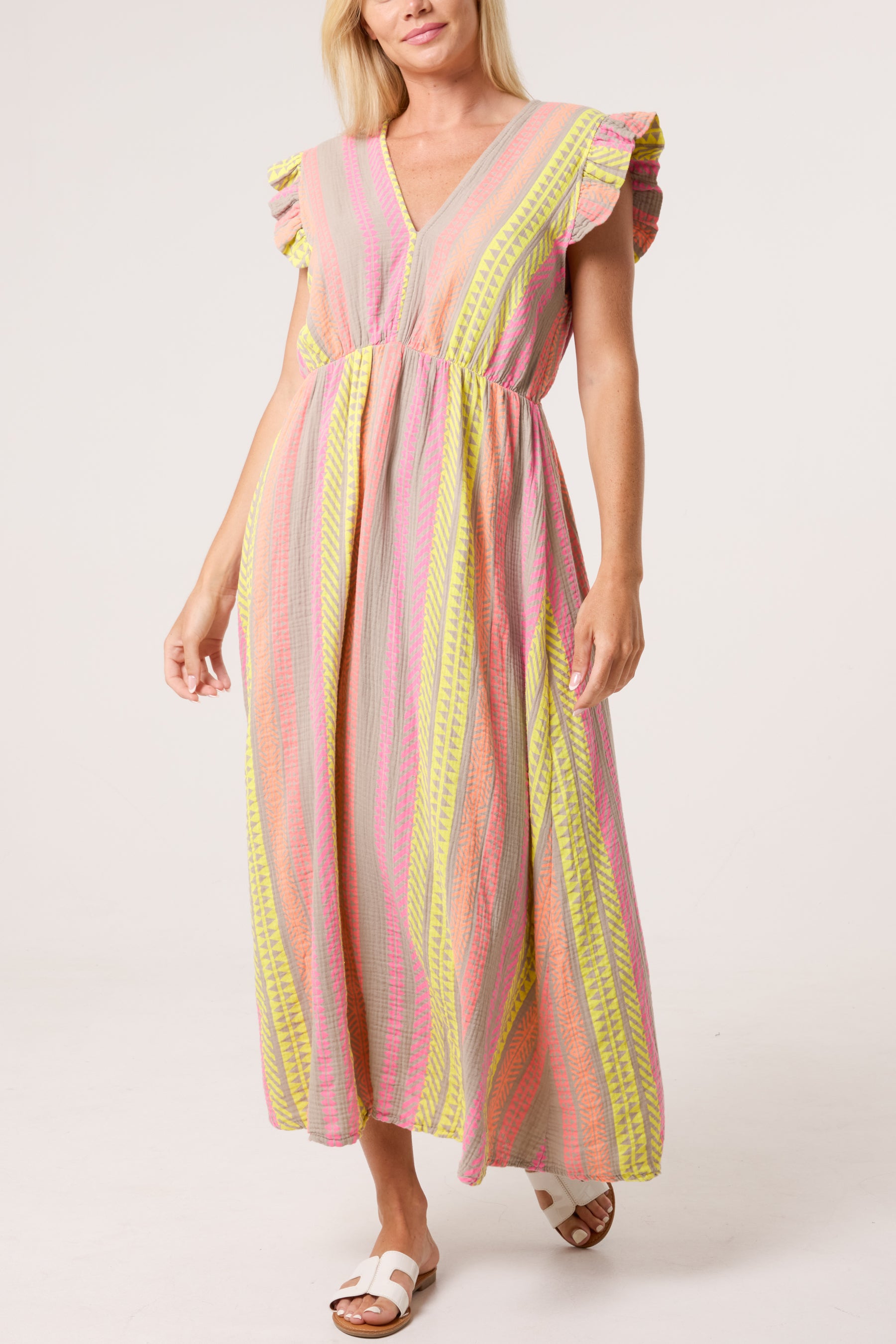 Aztec Print Frill Sleeve Cotton Dress