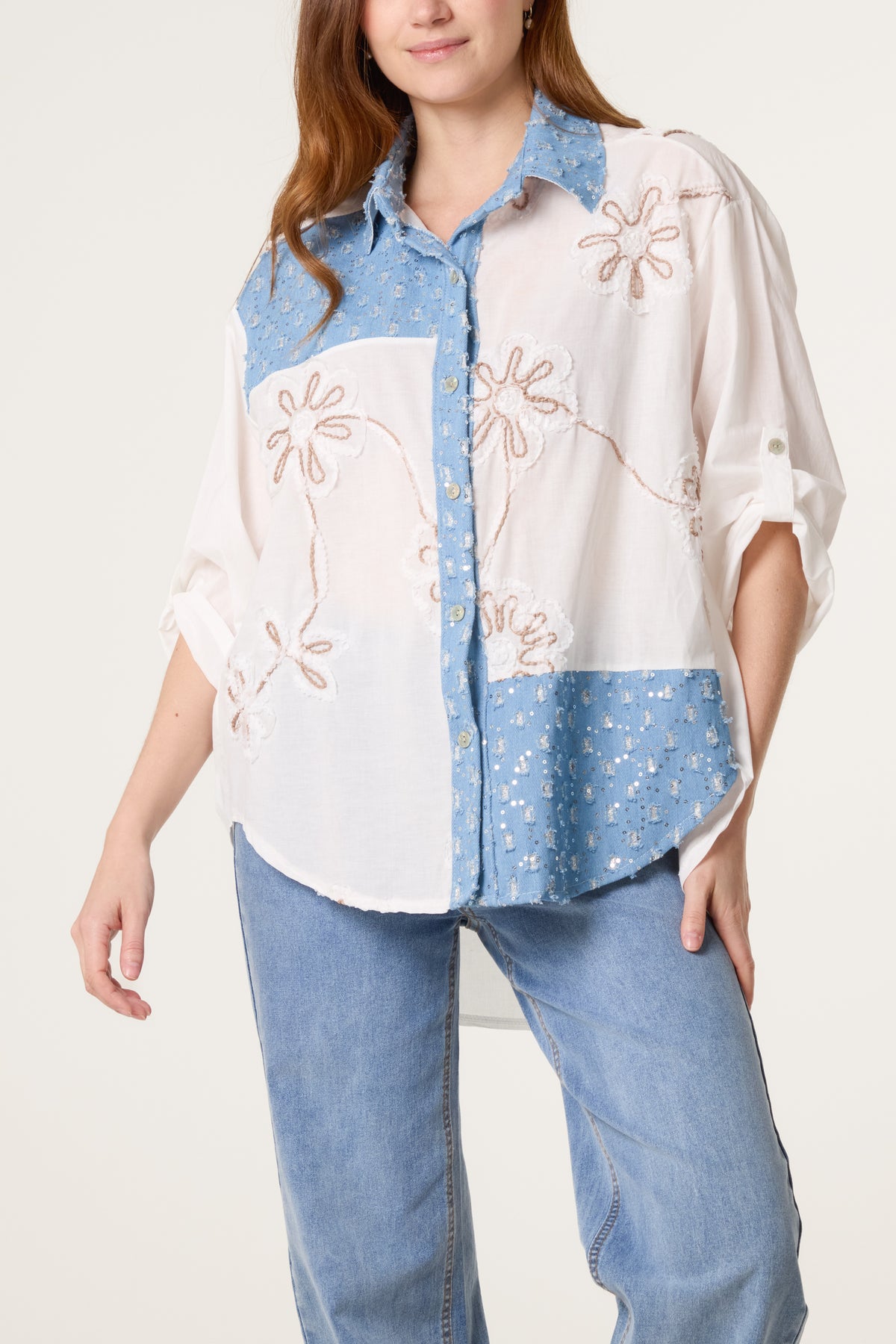 Floral Embroidery Denim Patchwork Shirt