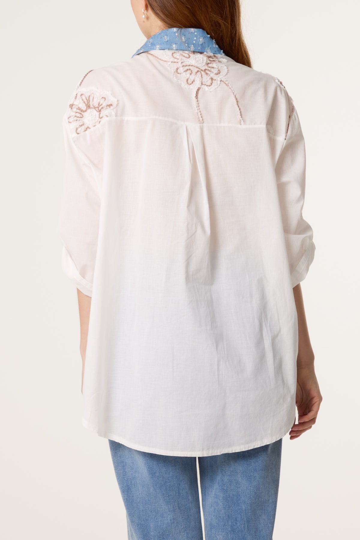 Floral Embroidery Denim Patchwork Shirt