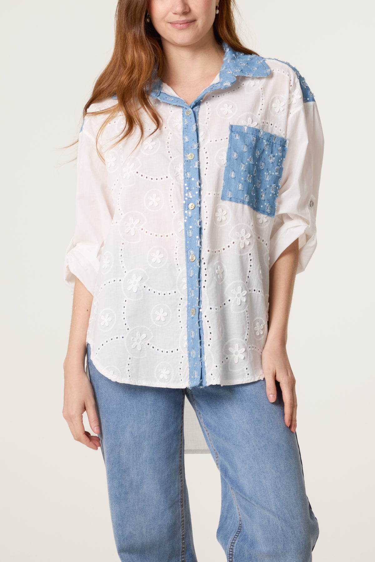 Floral Broderie Anglaise Denim Trim Shirt