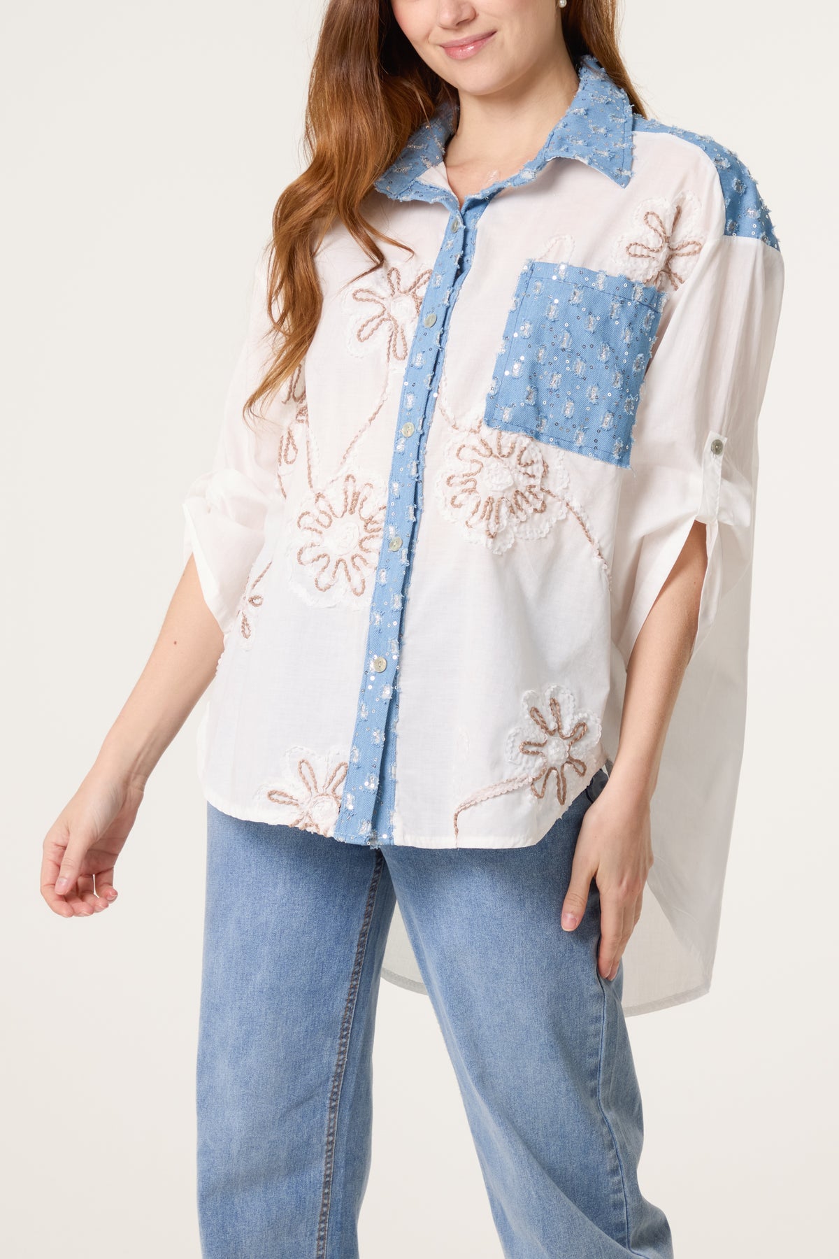 Floral Embroidery Denim Trim Shirt