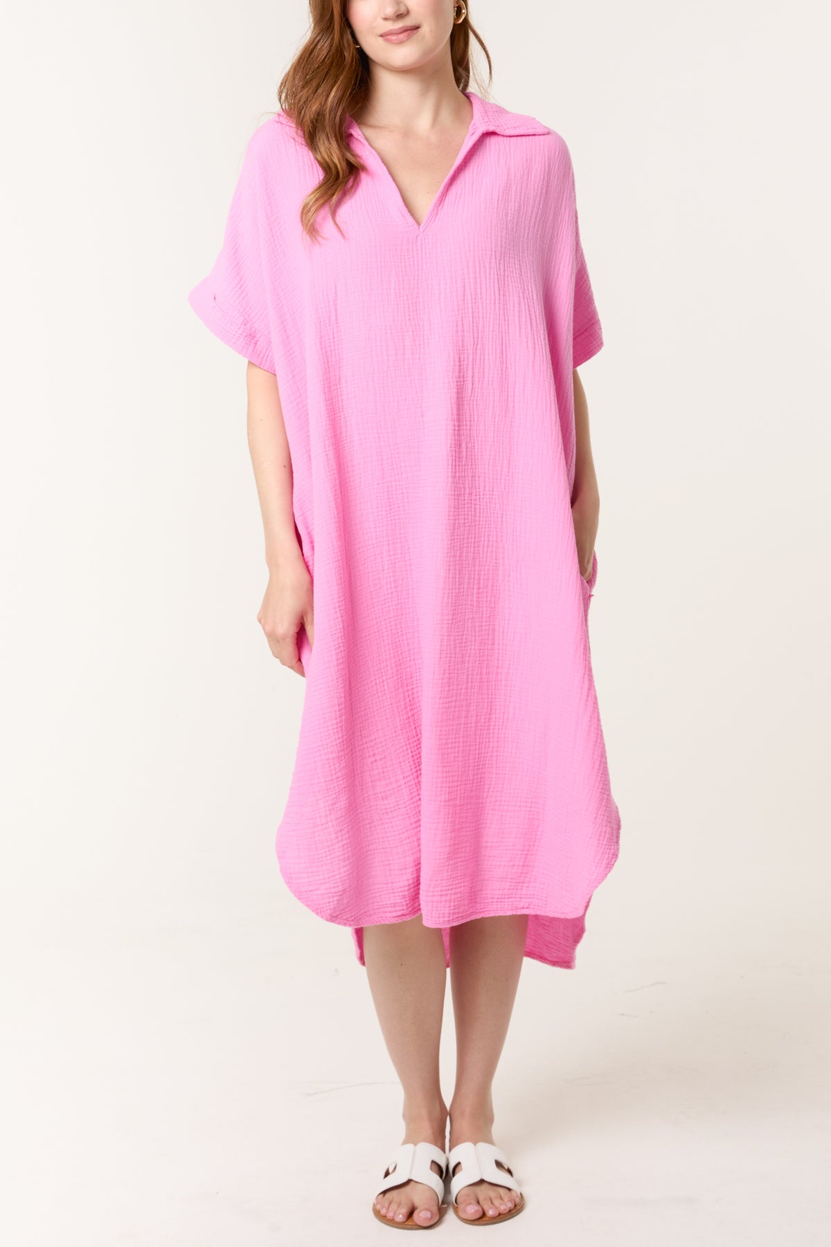 Open Collar Cheesecloth Pockets Dress