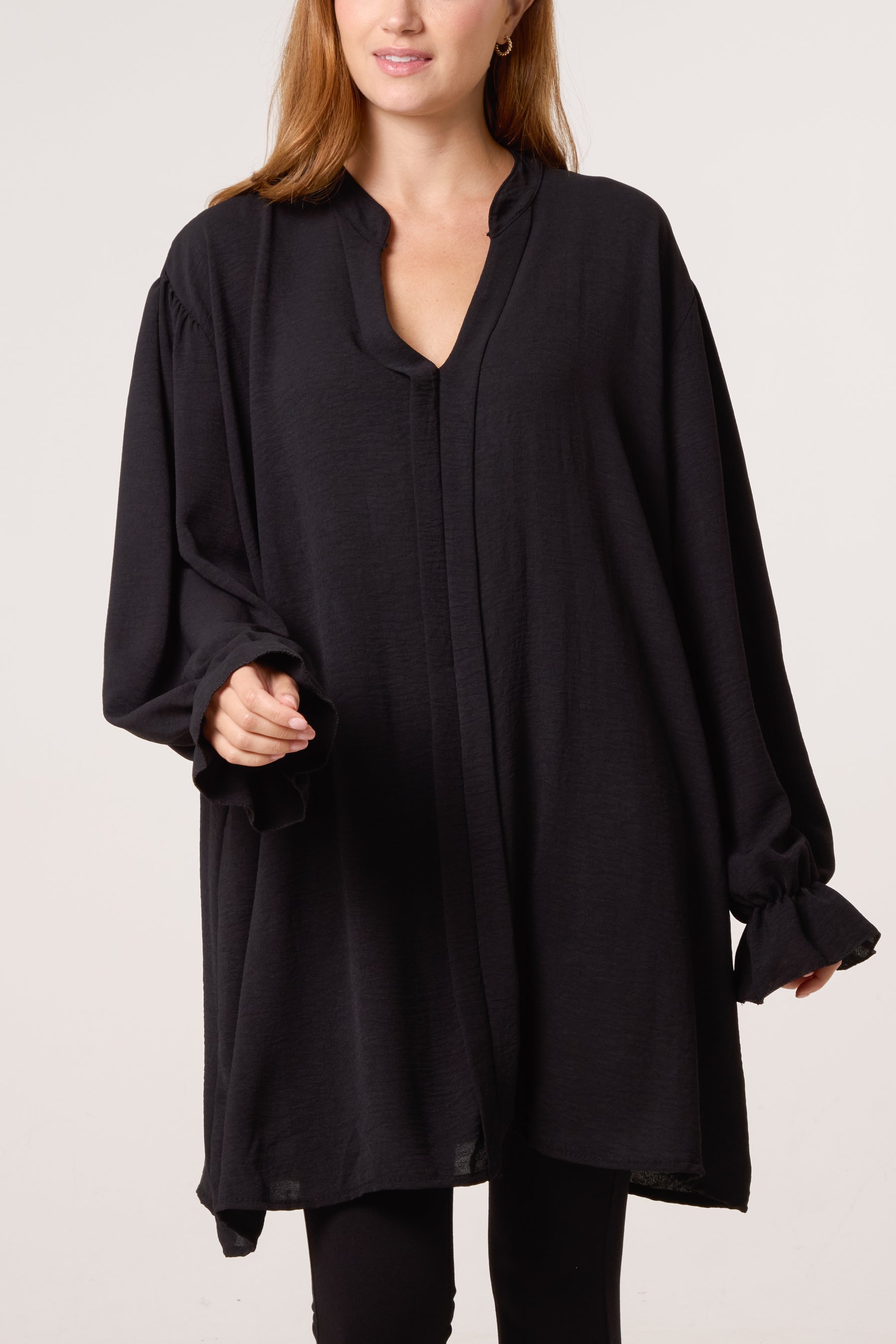Collarless Frill Sleeve Blouse