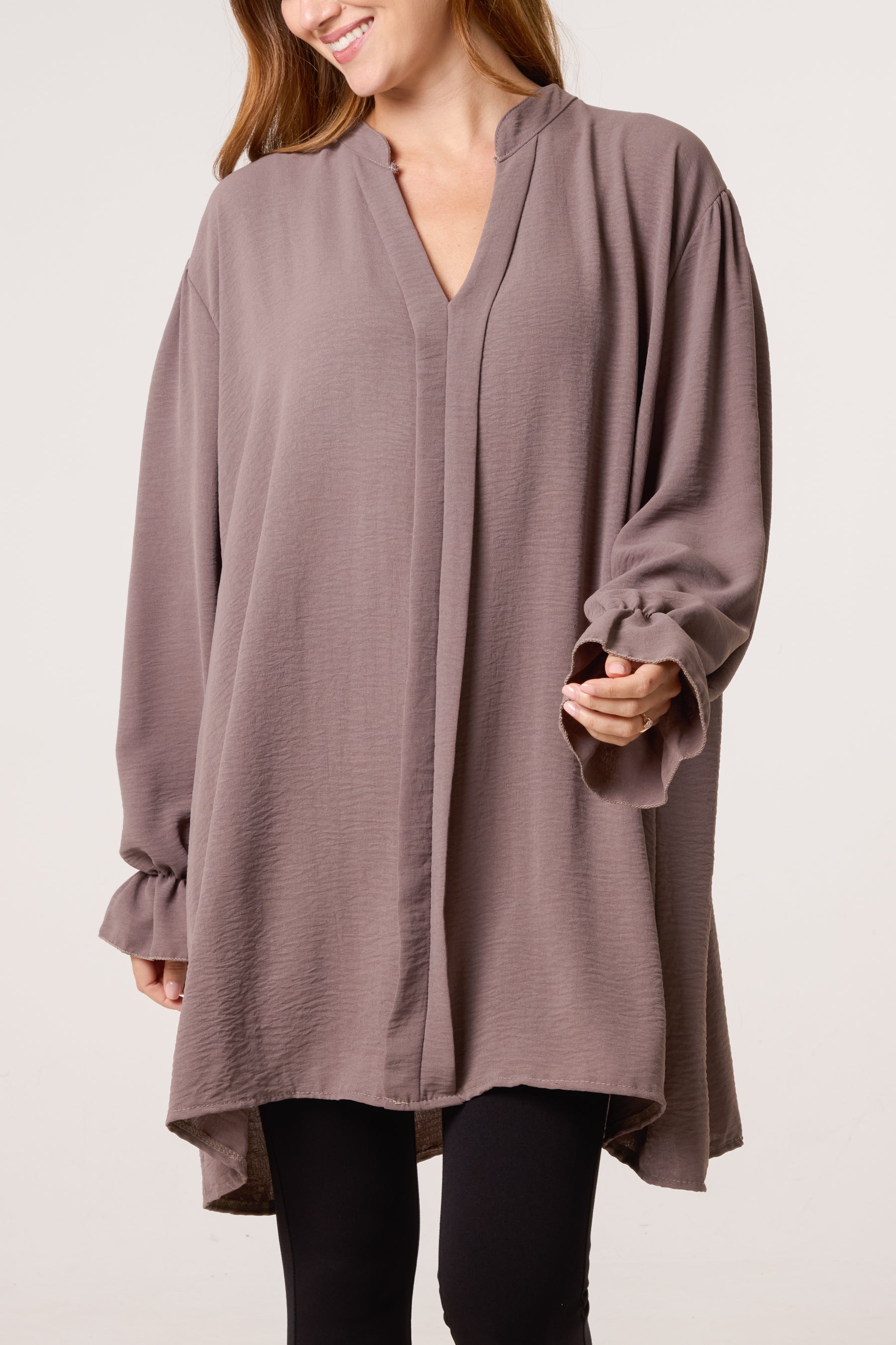 Collarless Frill Sleeve Blouse