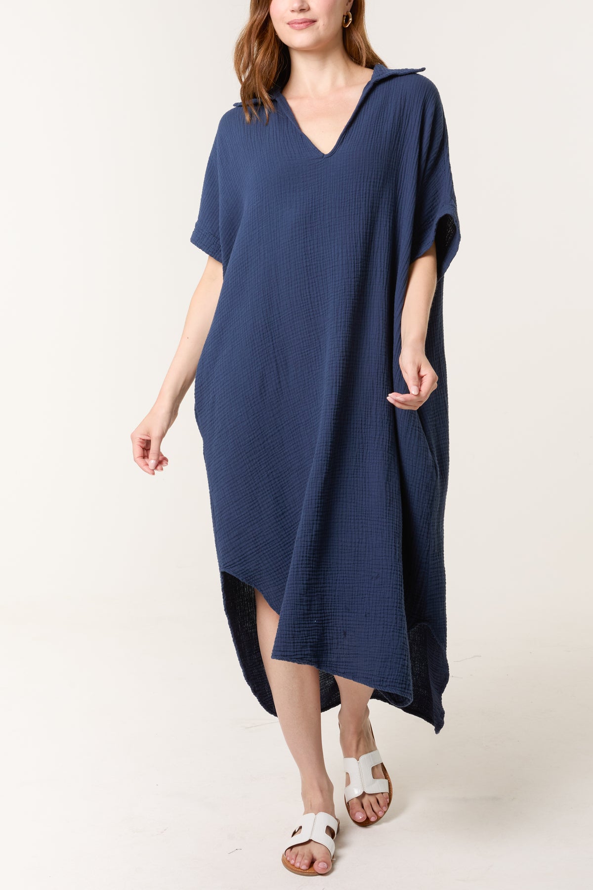 Open Collar Cheesecloth Pockets Dress