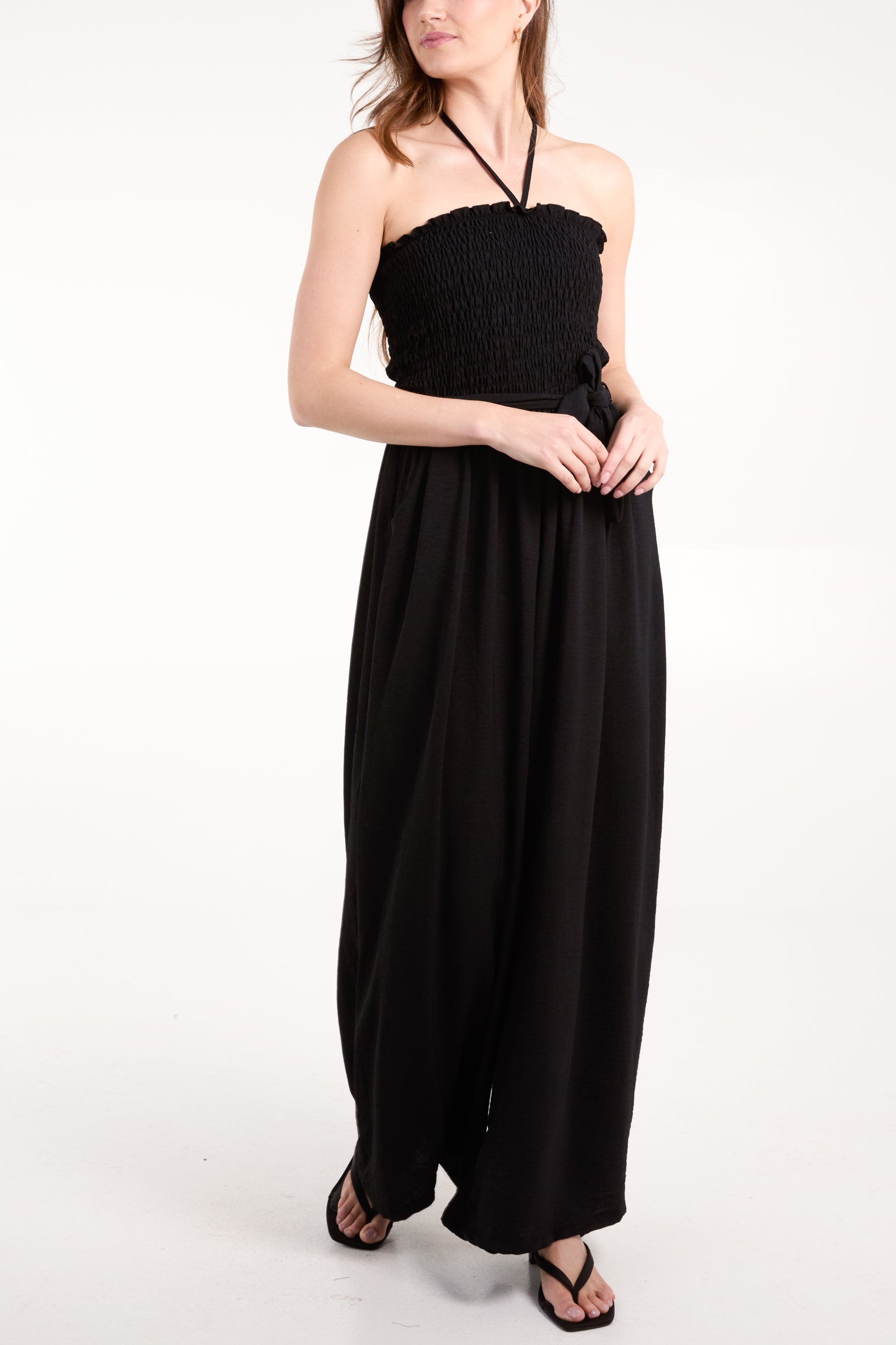 Bandeau Shirred Bodice Wide Leg Jumpsuit