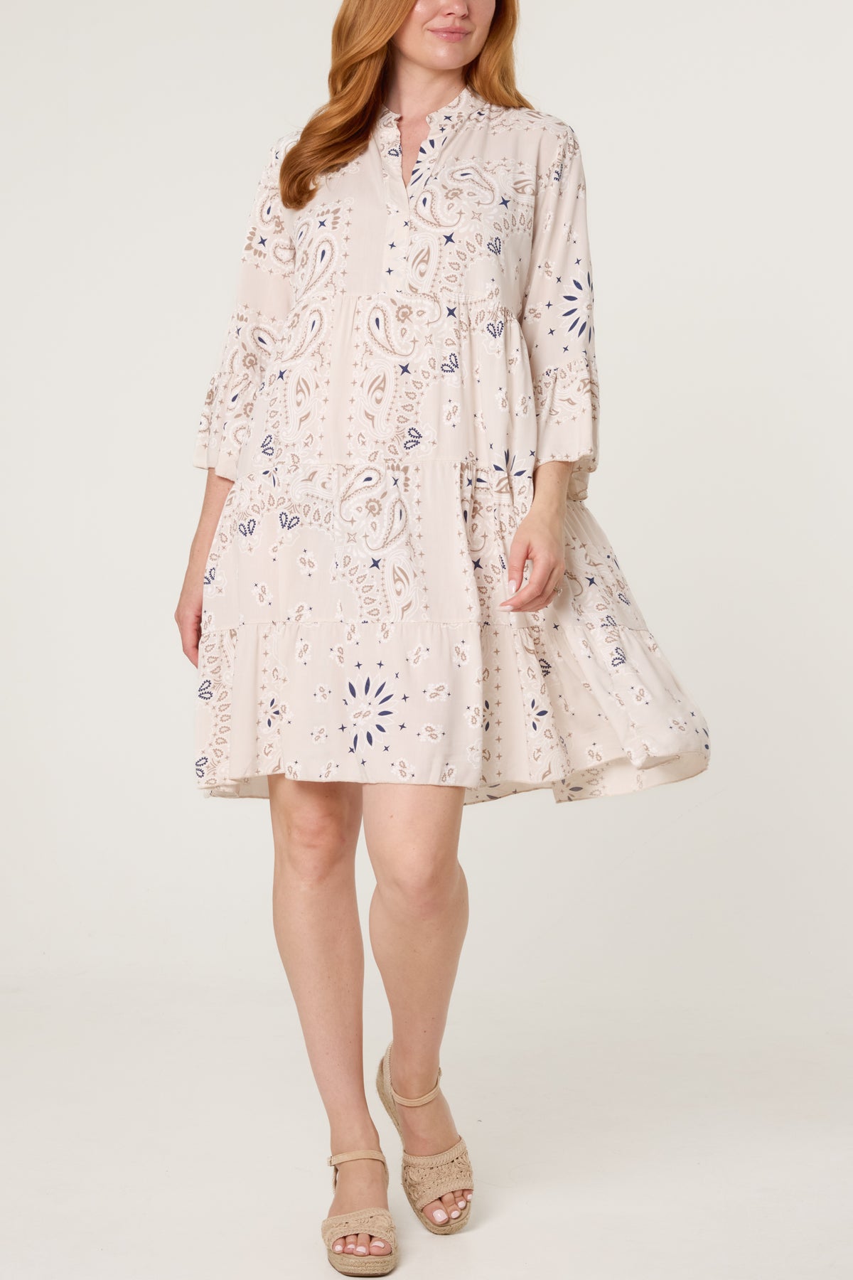 Bandana V-Neck Long Sleeve Smock Dress