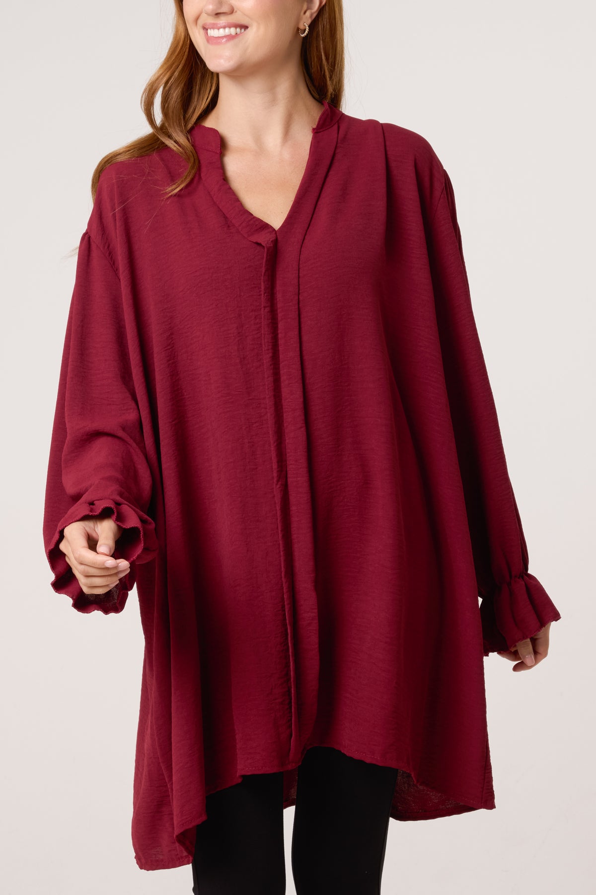 Collarless Frill Sleeve Blouse