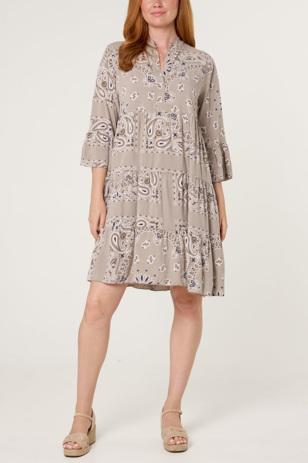 Bandana V-Neck Long Sleeve Smock Dress