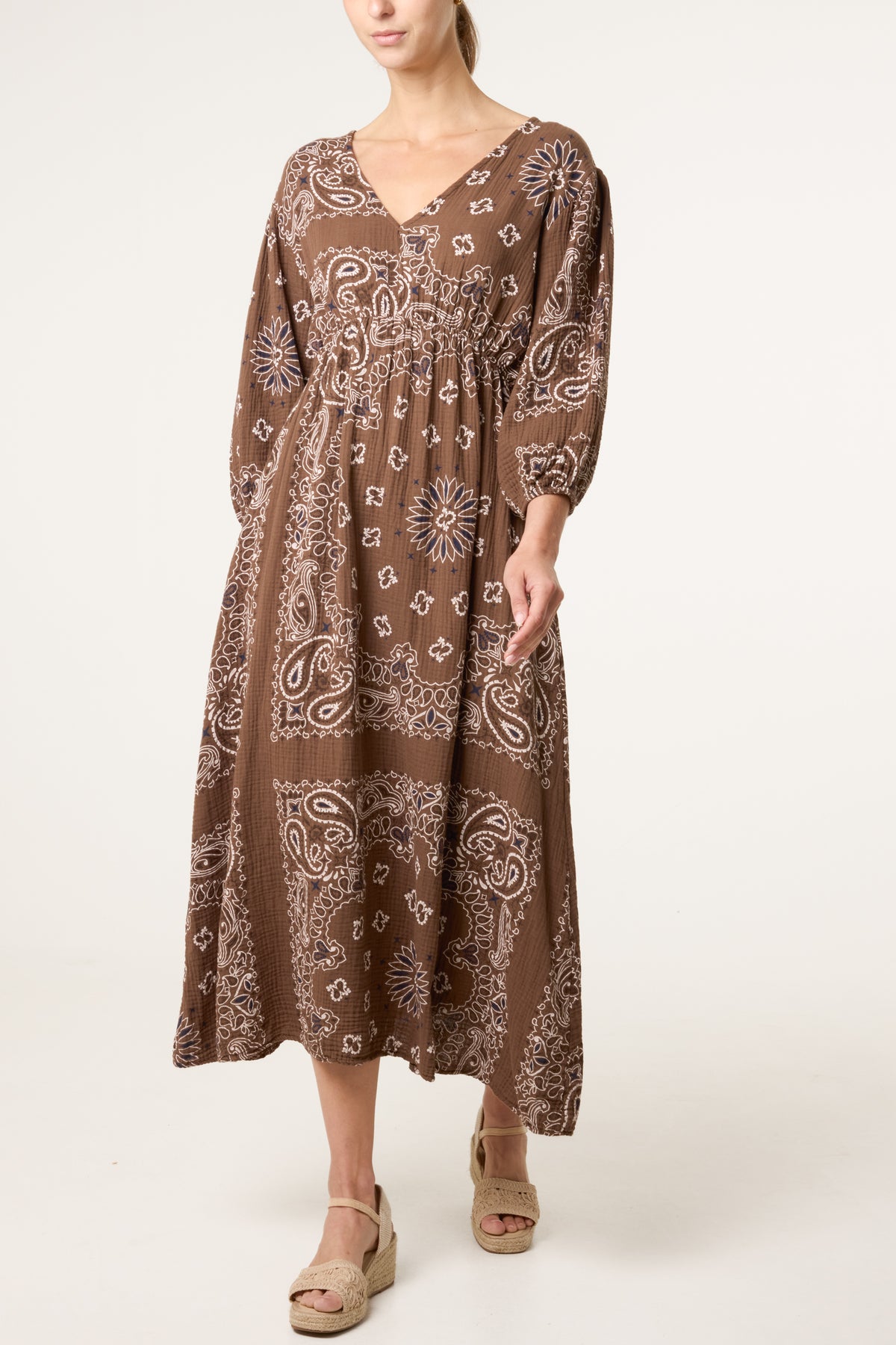 V-Neck Puff Long Sleeve Bandana Dress