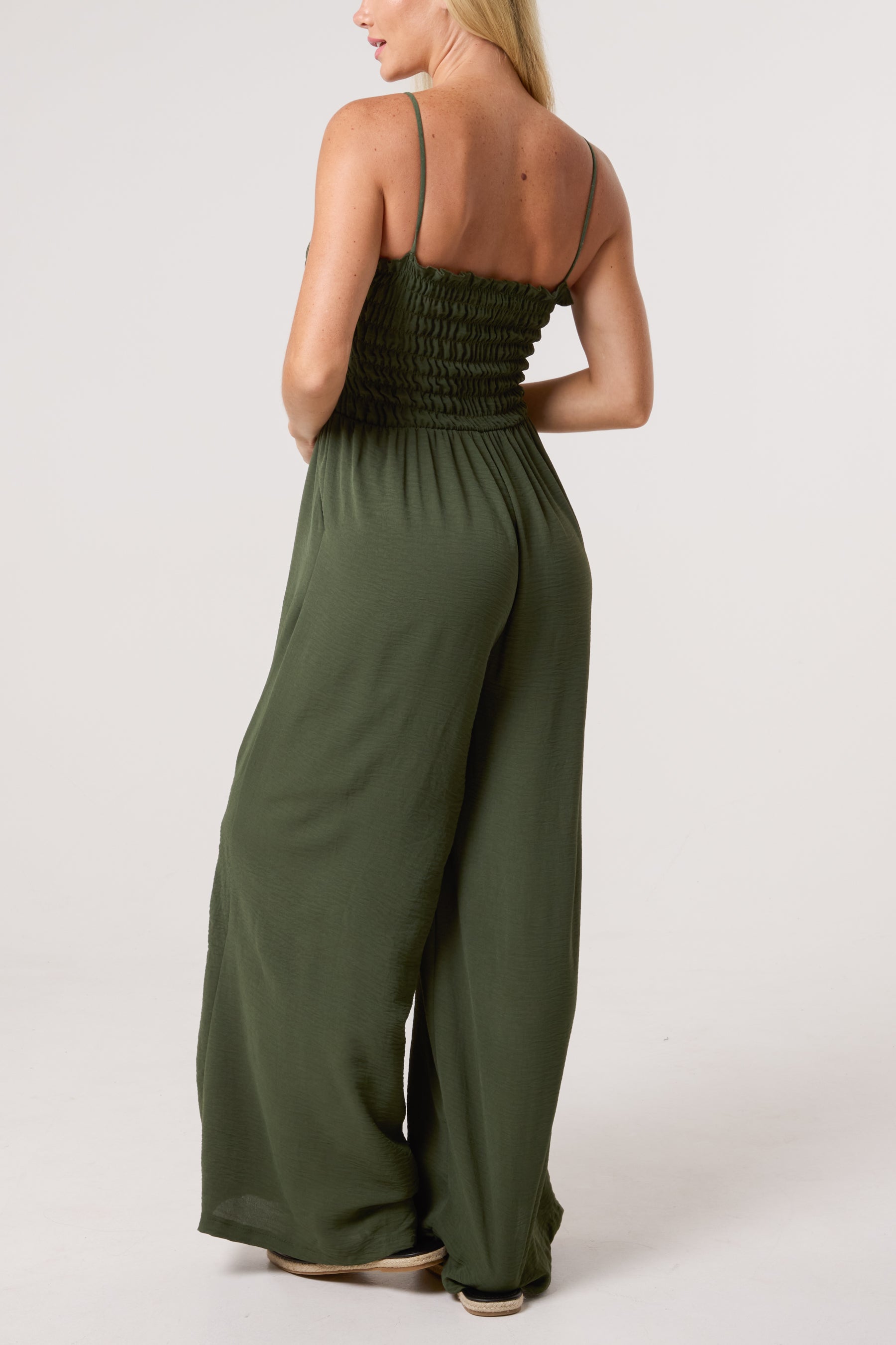 Shirred Bodice Beaded Strap Jumpsuit