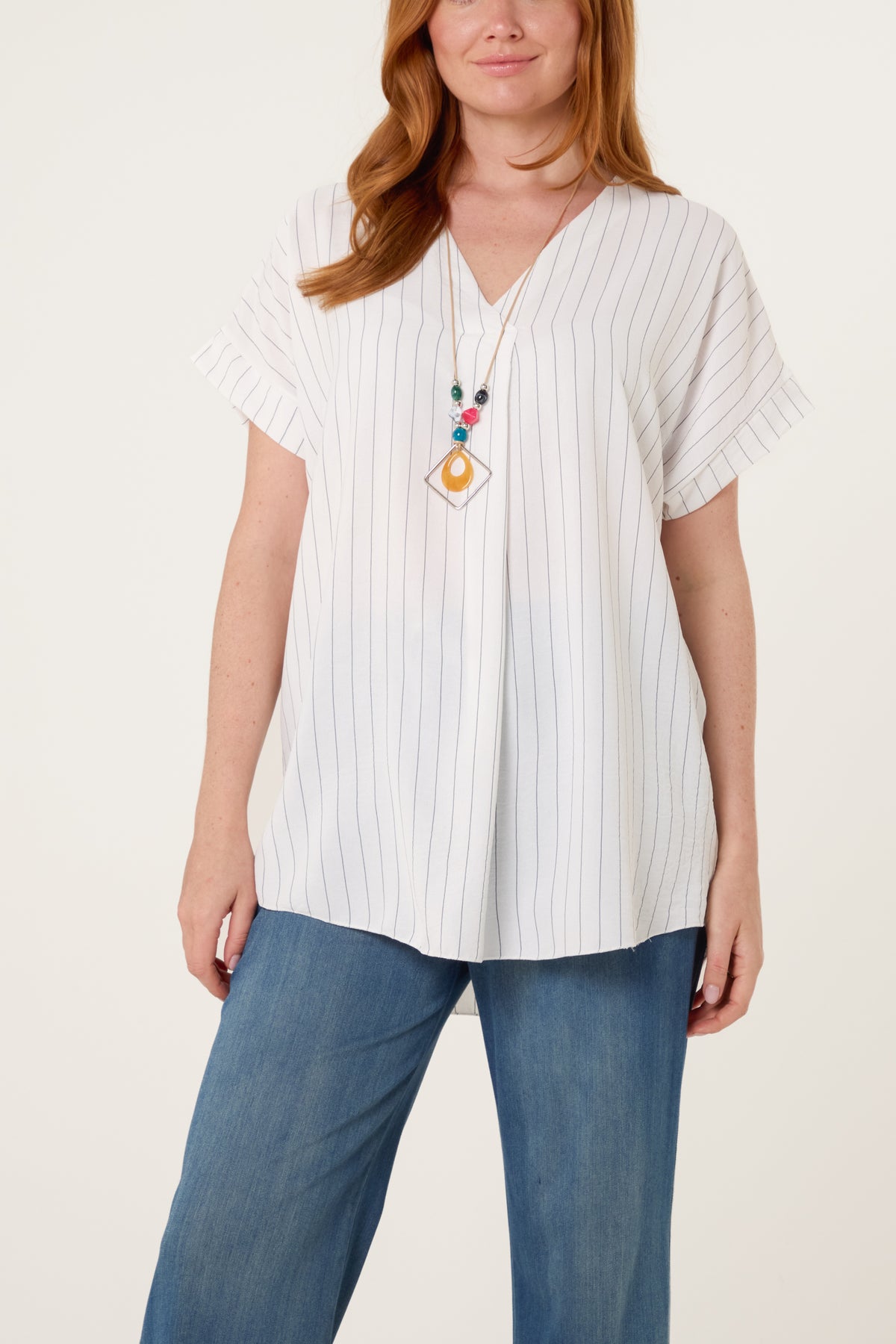 Pinstripe V-Neck Necklace Top