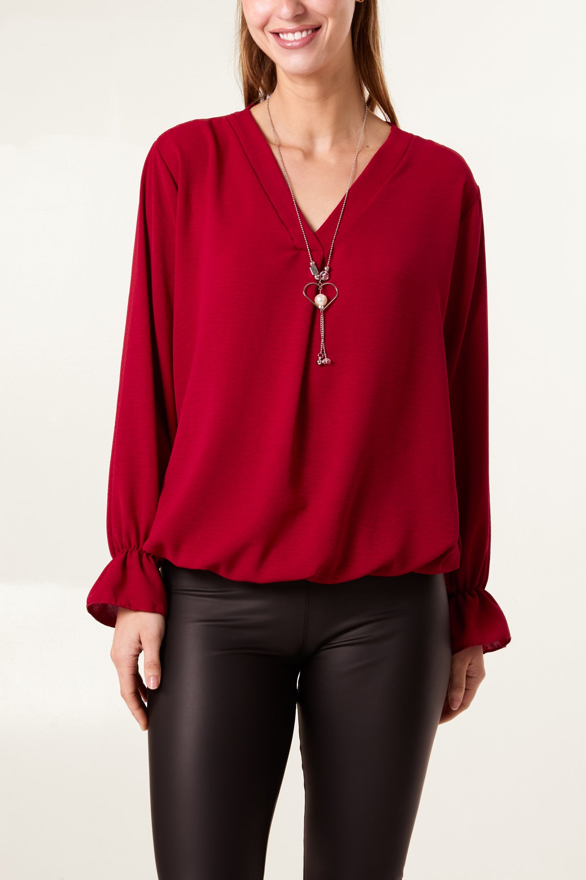 Necklace Sleeve Detail Bubble Hem Blouse