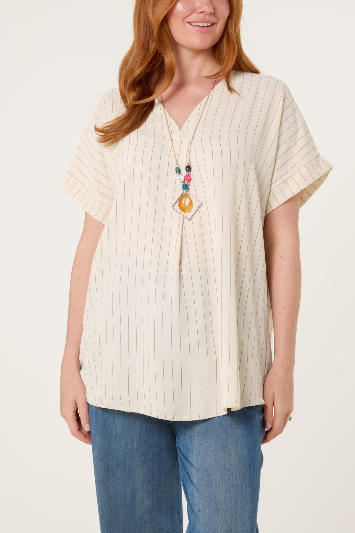 Pinstripe V-Neck Necklace Top