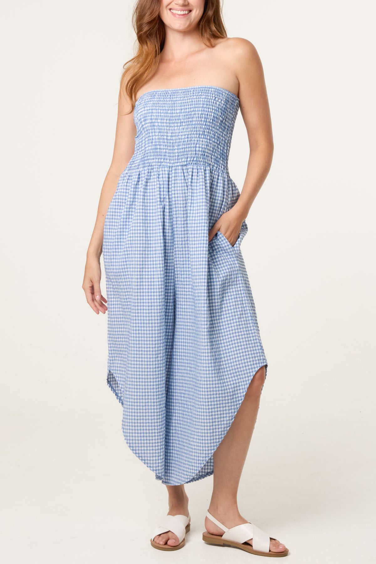 Bandeu Shirred Asymmetric Checked Jumpsuit