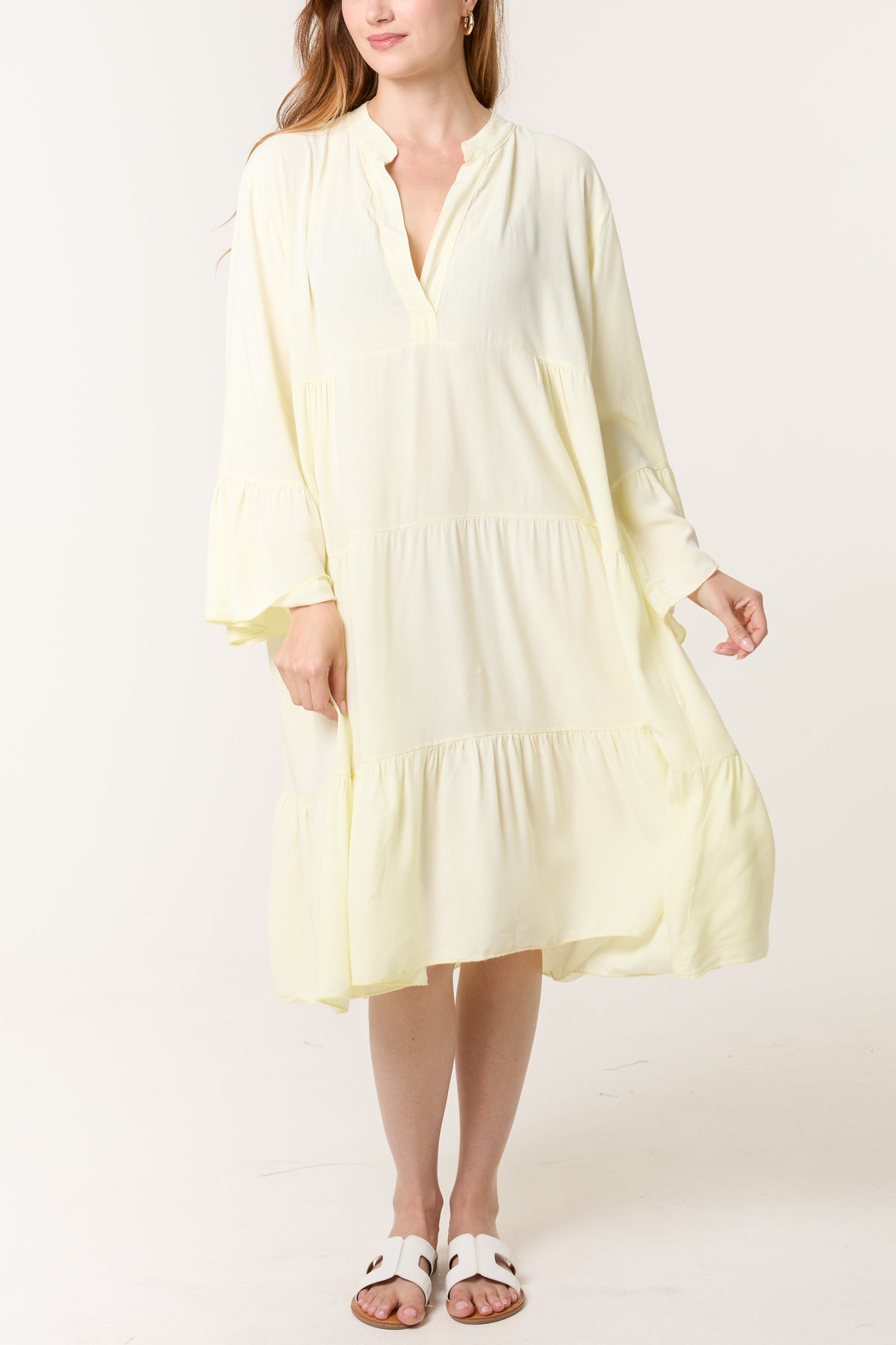 Open Collared Tiered Smock Dress