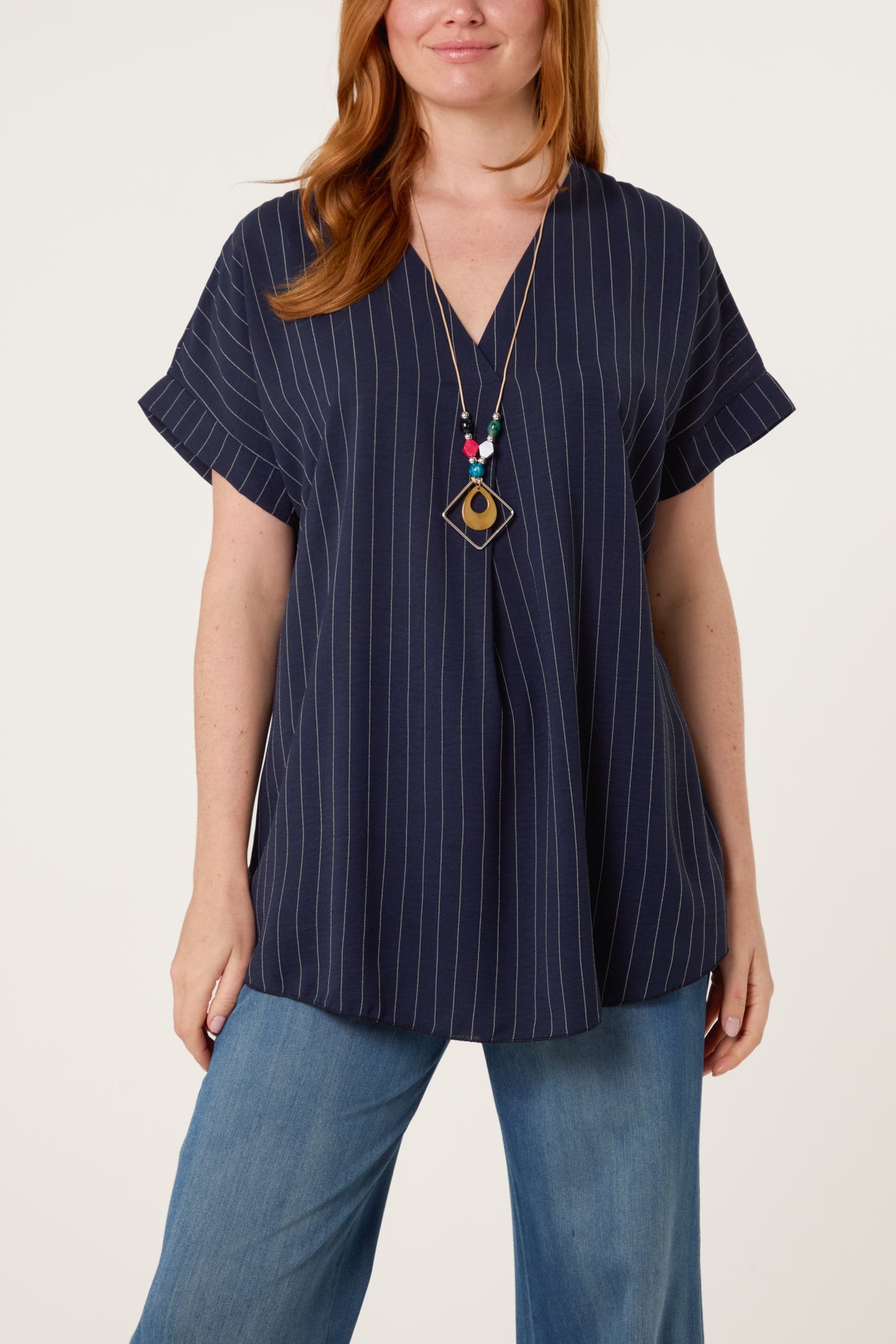 Pinstripe V-Neck Necklace Top