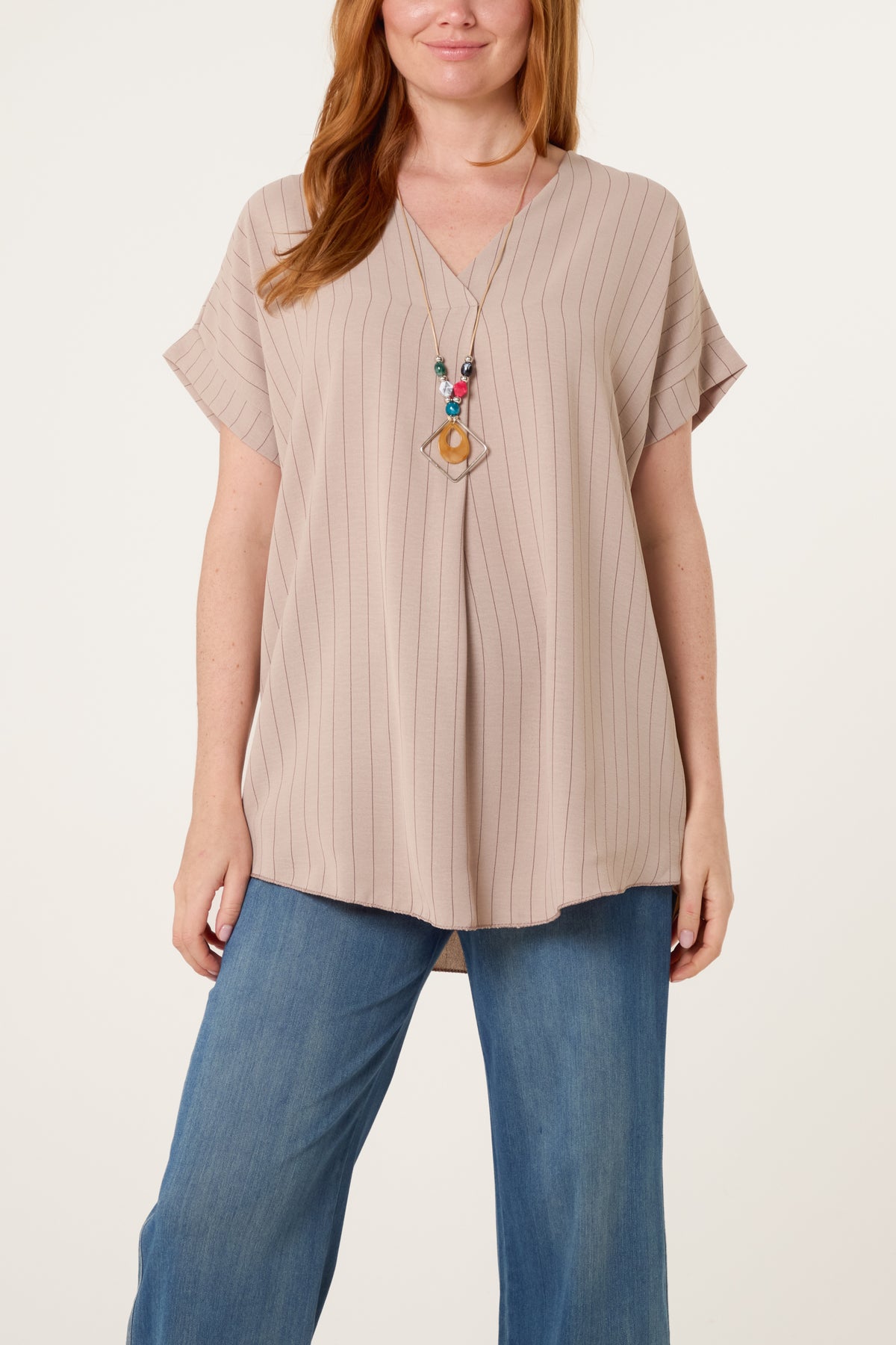 Pinstripe V-Neck Necklace Top