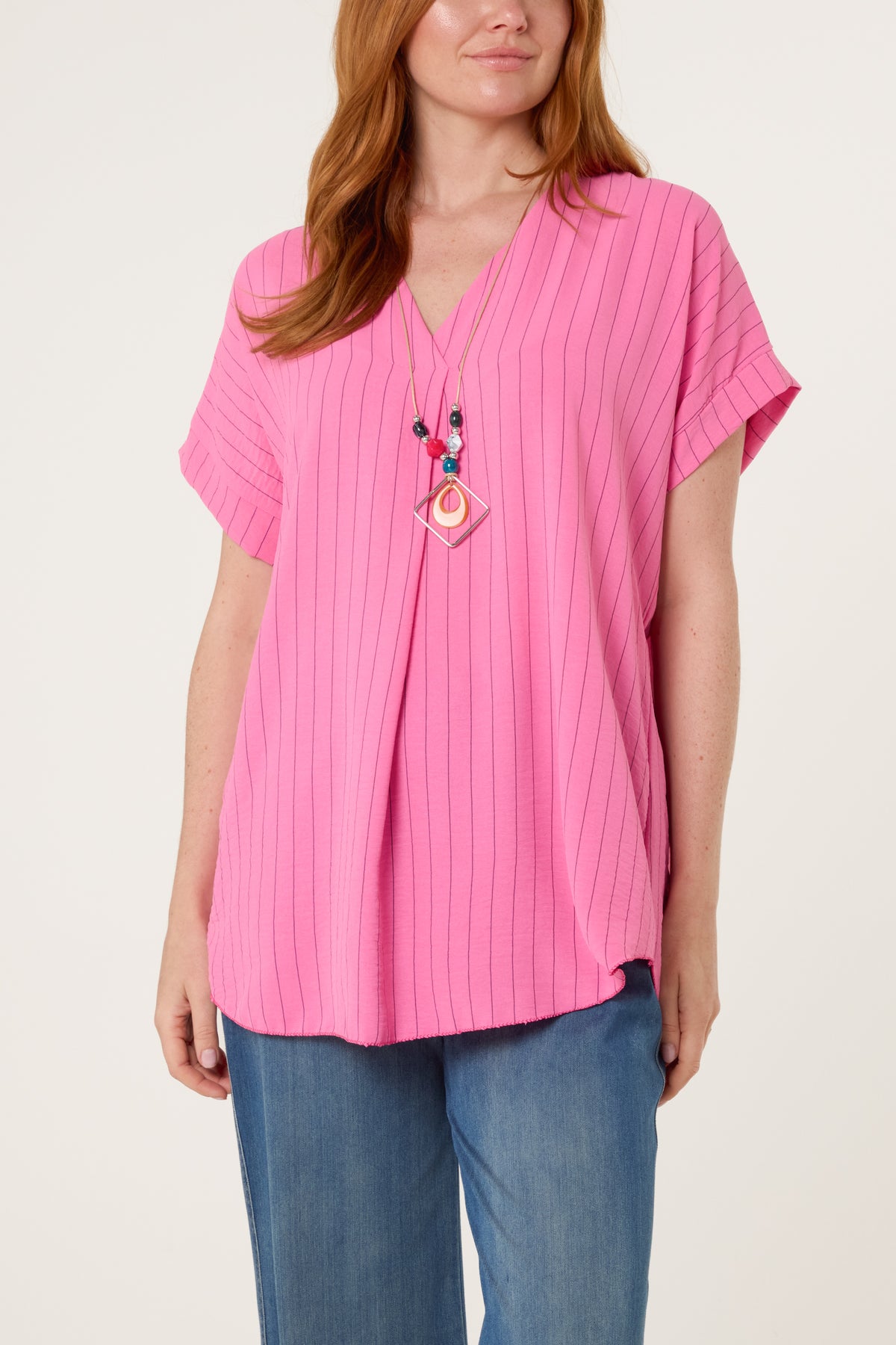 Pinstripe V-Neck Necklace Top