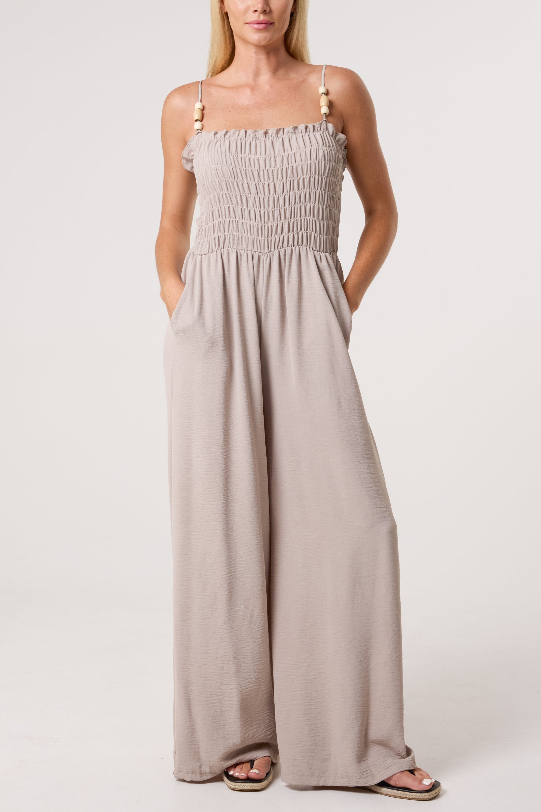 Shirred Bodice Beaded Strap Jumpsuit