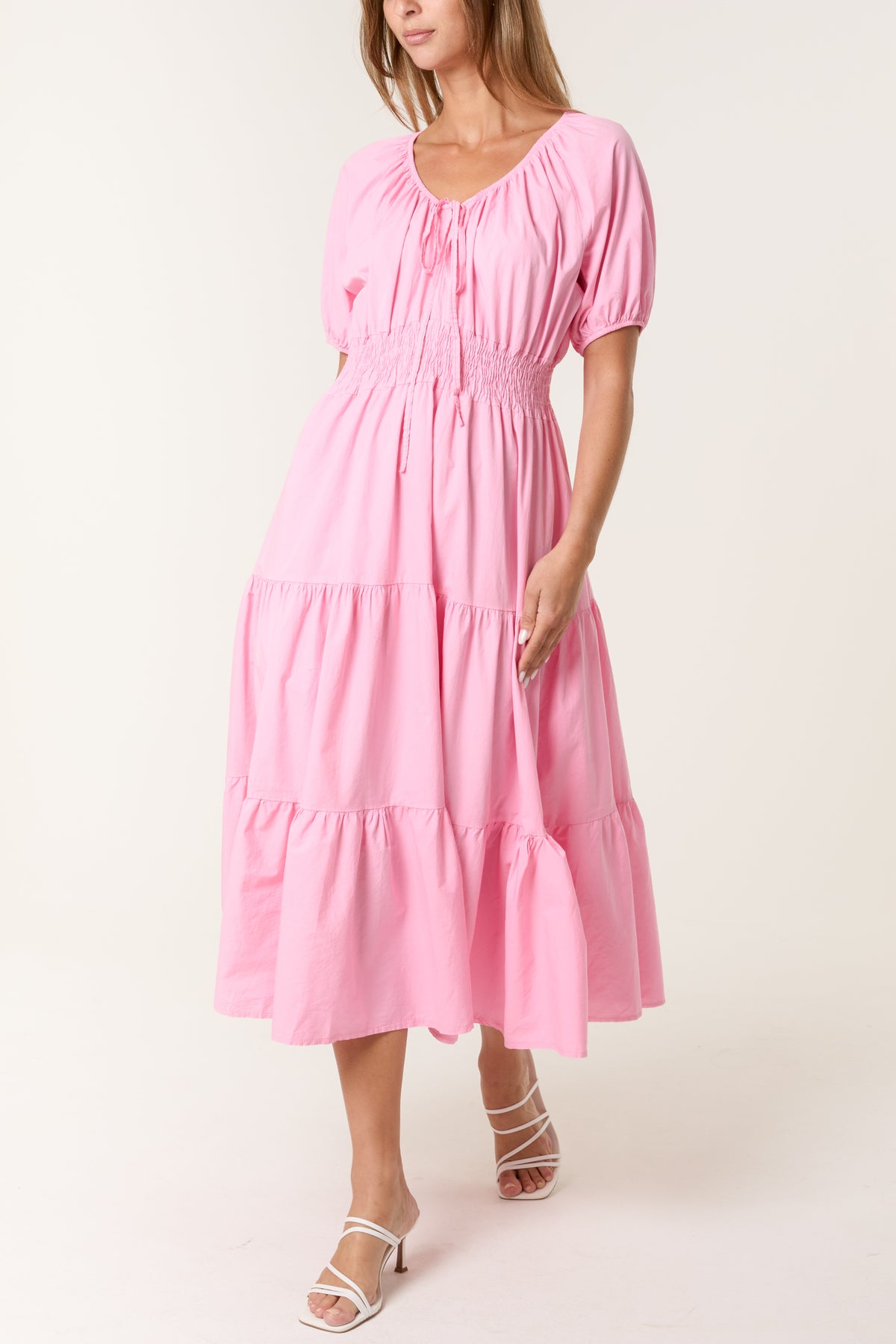 Cotton Puff Sleeve Shirred & Tiered Dress