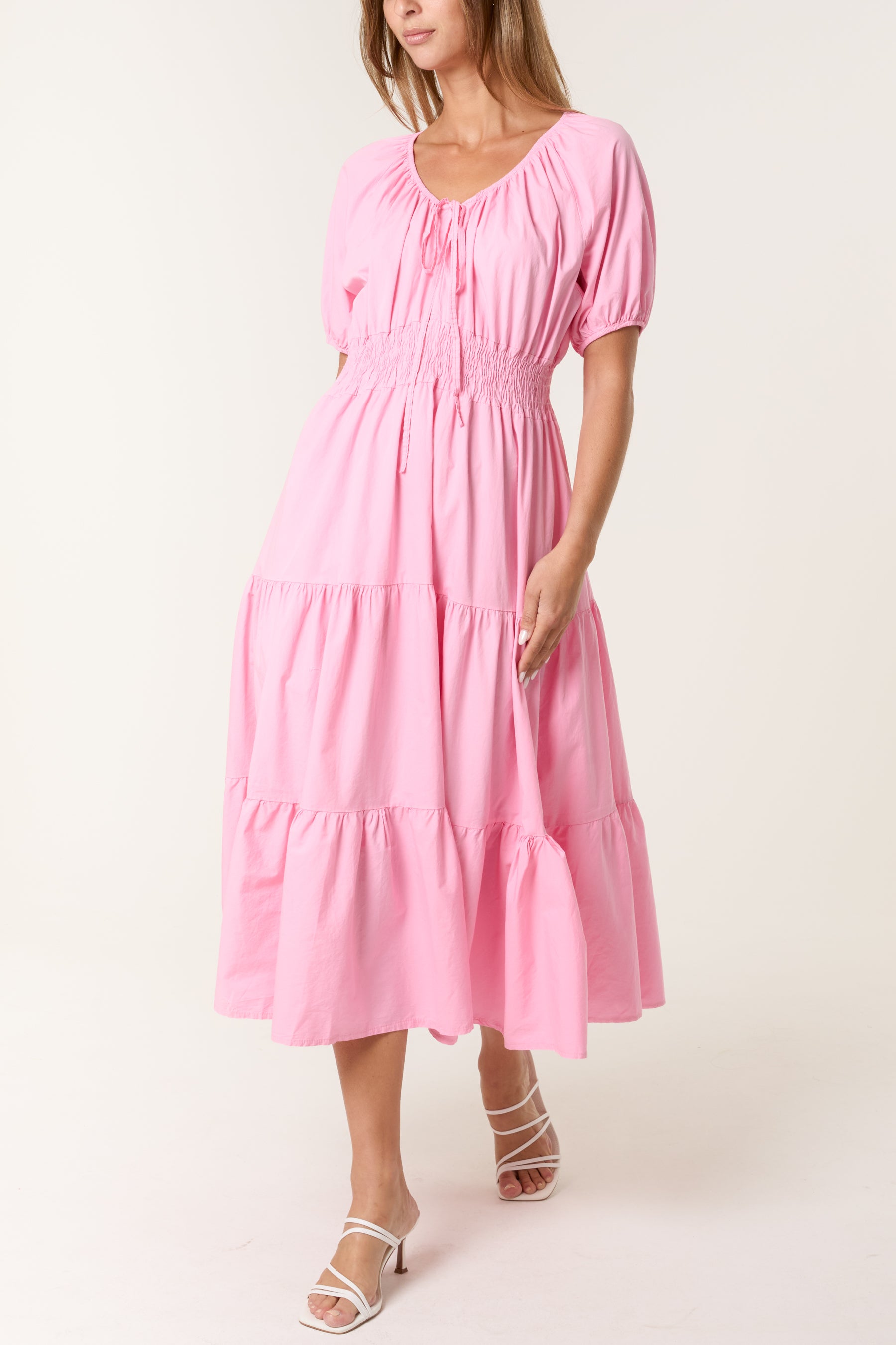 Cotton Puff Sleeve Shirred & Tiered Dress
