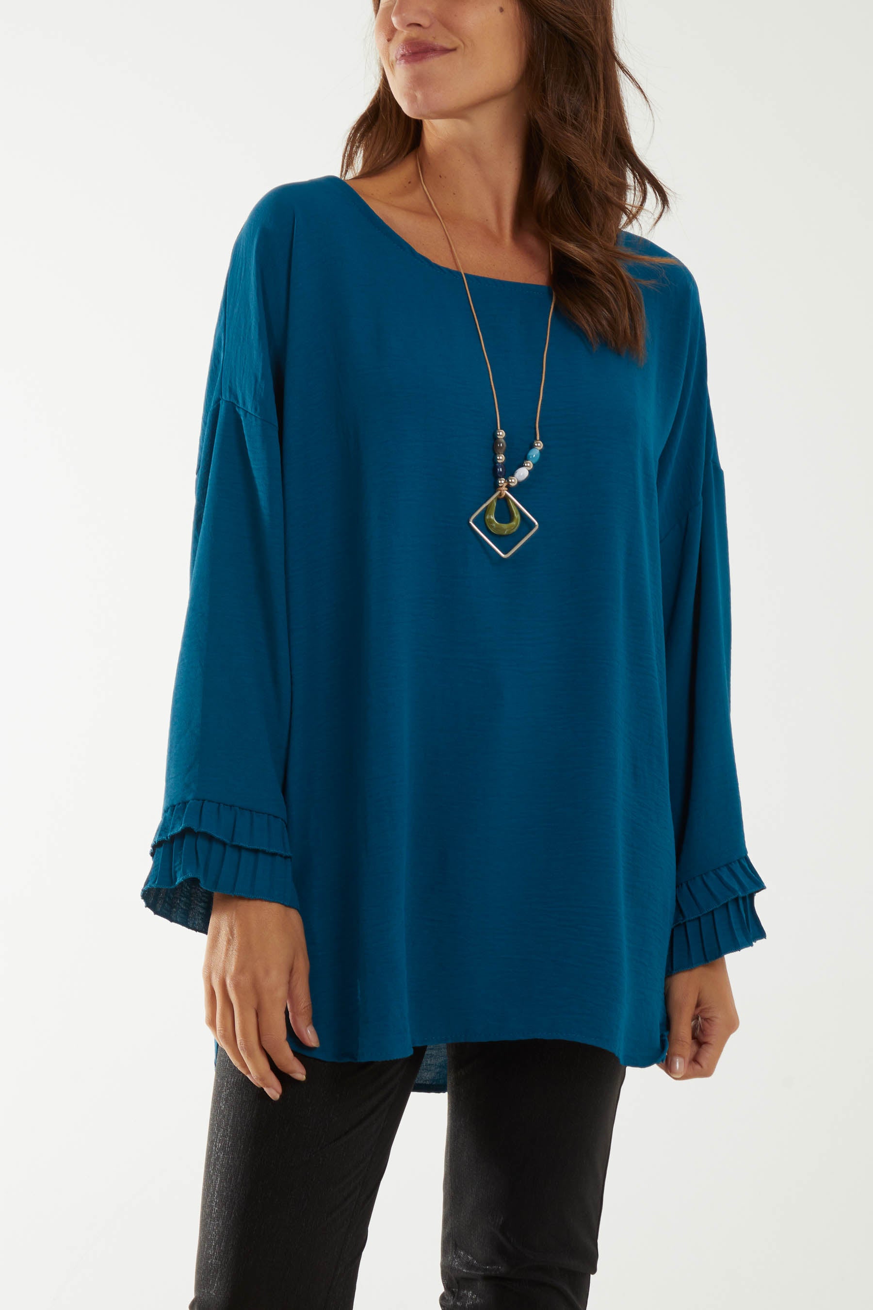 Square Neck Frill Sleeve Necklace Blouse