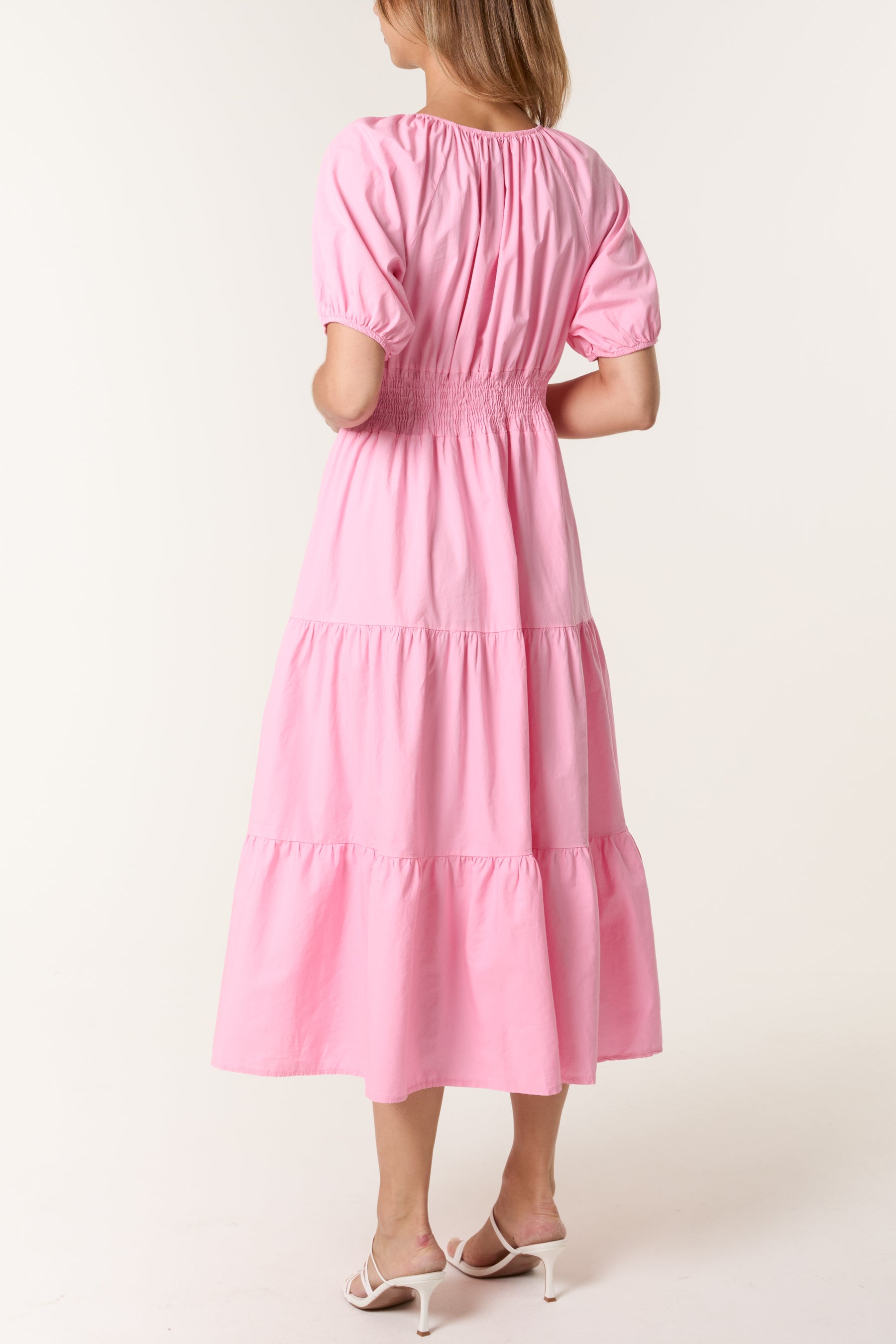 Cotton Puff Sleeve Shirred & Tiered Dress