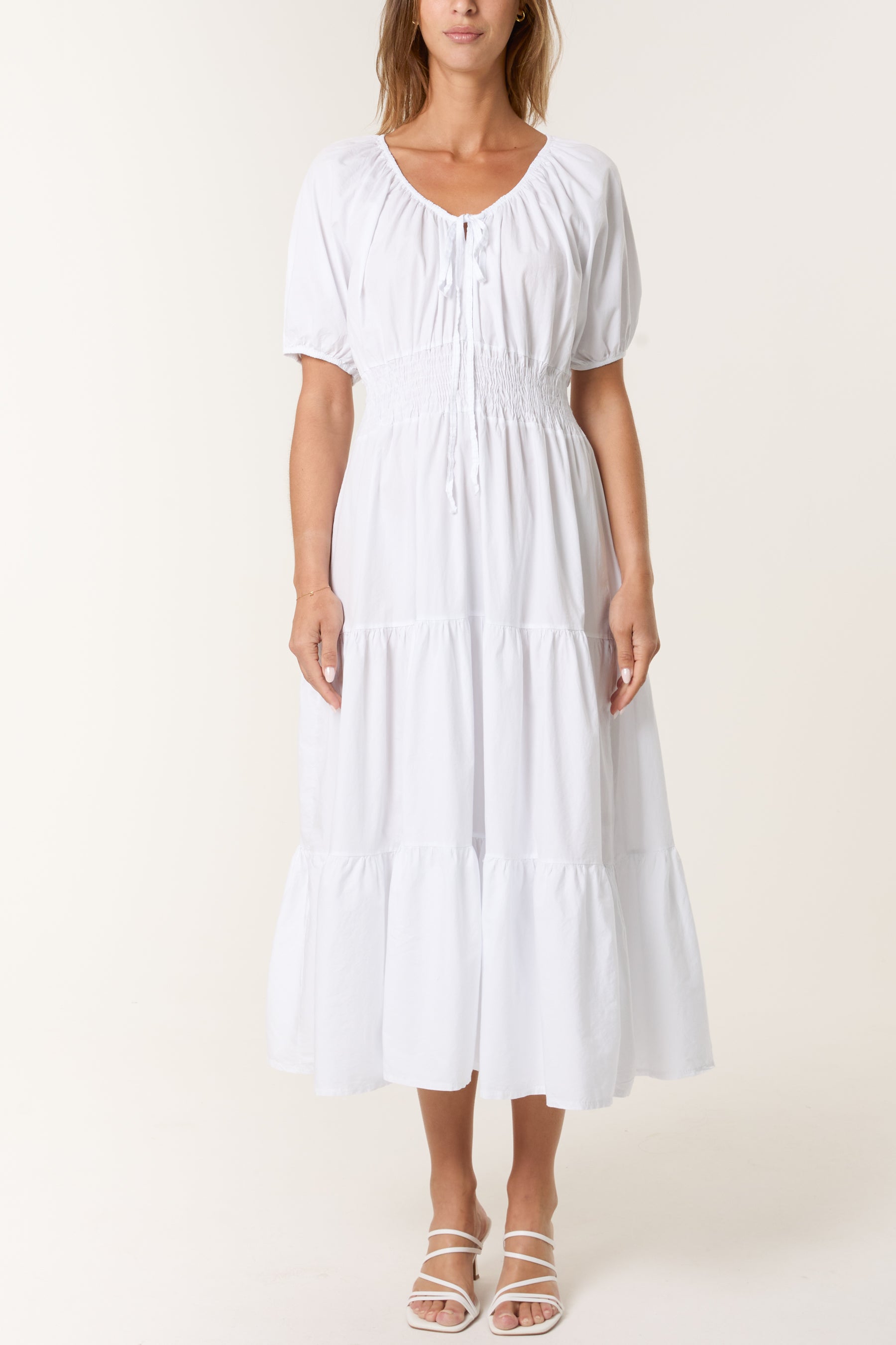 Cotton Puff Sleeve Shirred & Tiered Dress