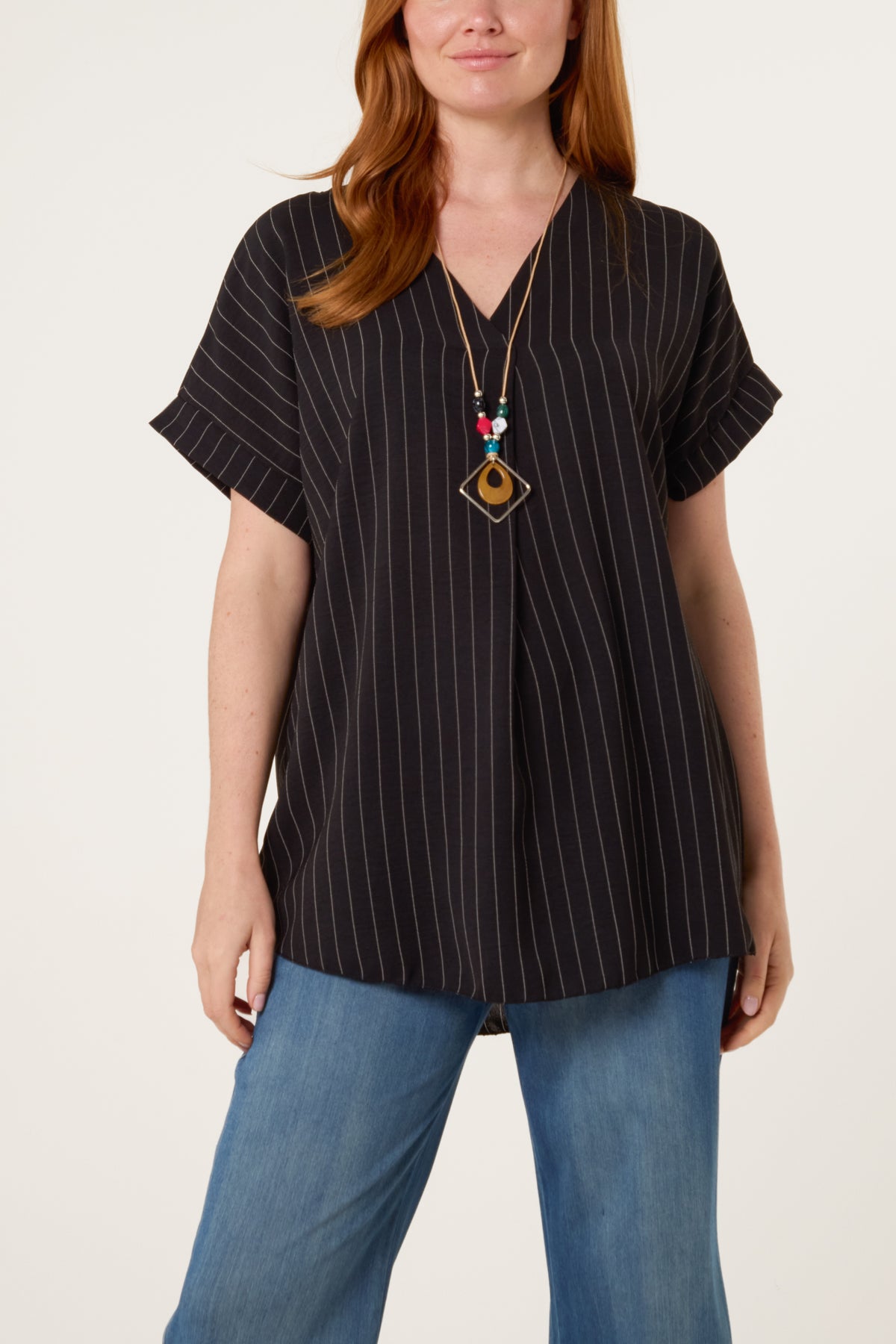 Pinstripe V-Neck Necklace Top