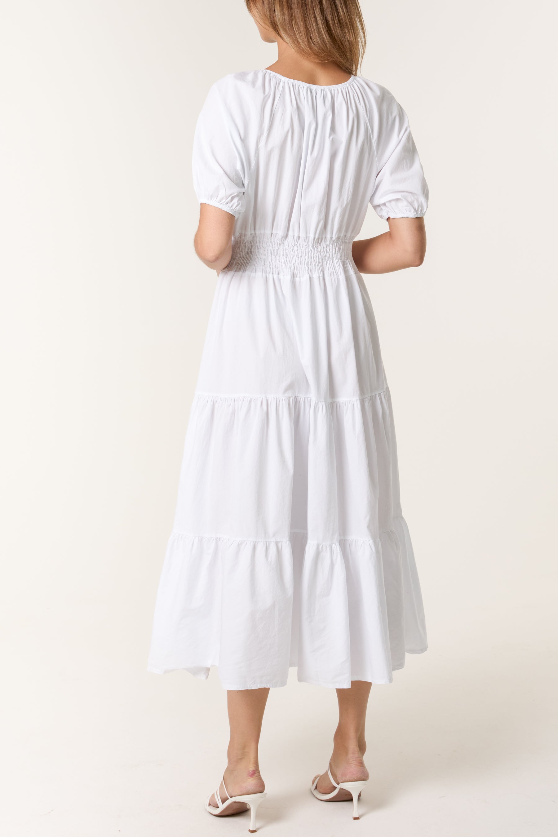 Cotton Puff Sleeve Shirred & Tiered Dress