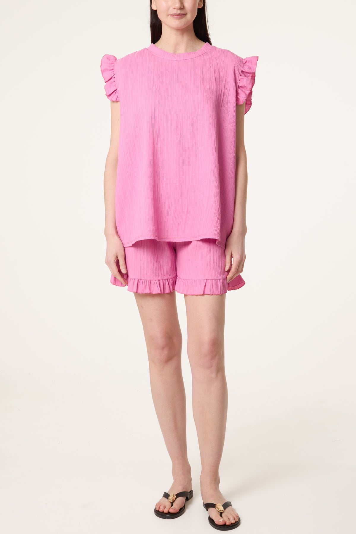 Texture Frill Sleeve Top & Shorts Set