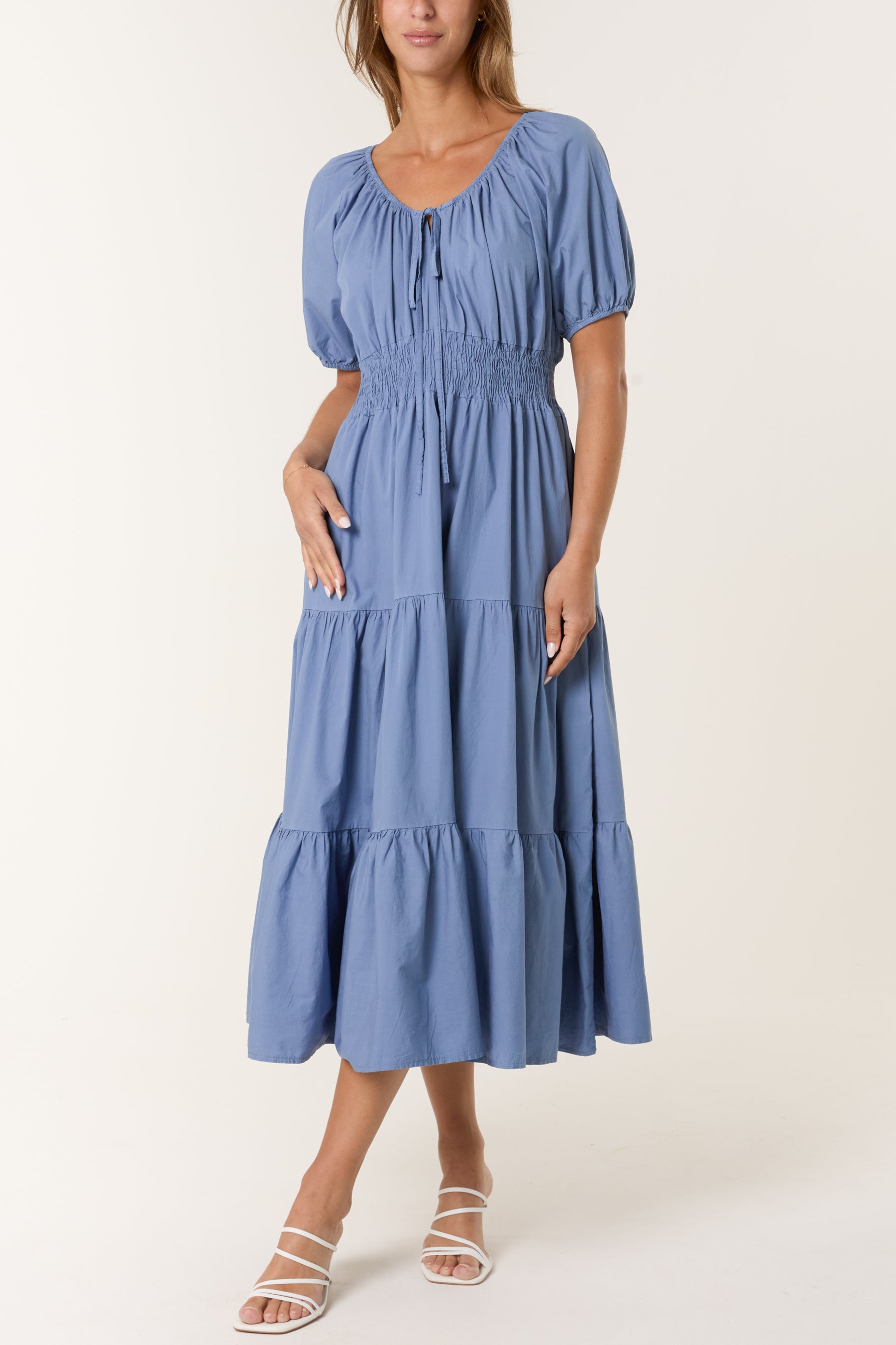 Cotton Puff Sleeve Shirred & Tiered Dress