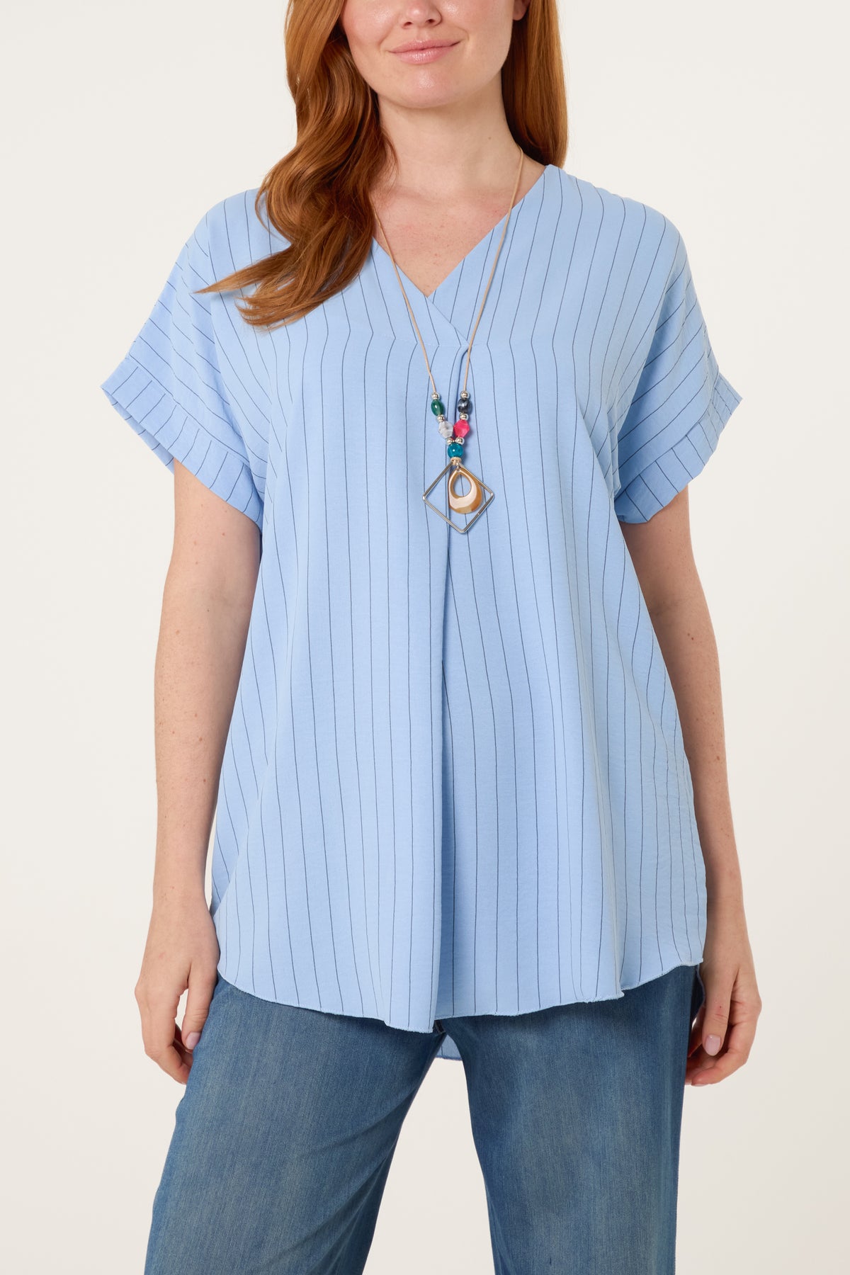 Pinstripe V-Neck Necklace Top
