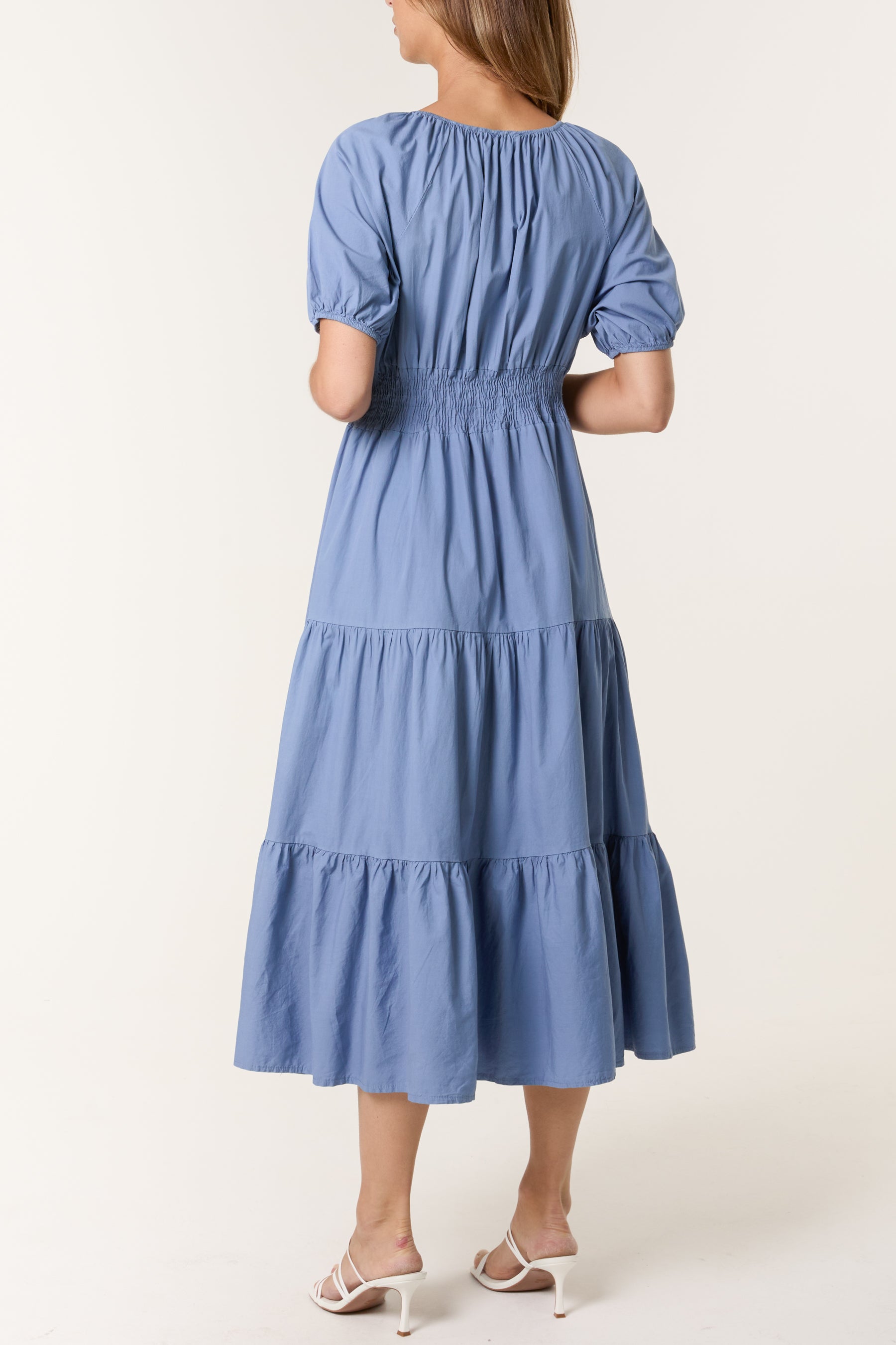 Cotton Puff Sleeve Shirred & Tiered Dress
