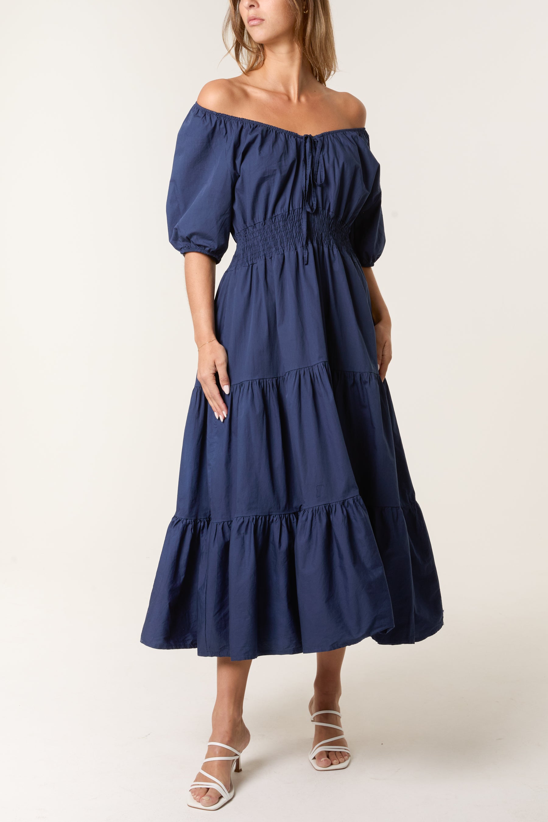 Cotton Puff Sleeve Shirred & Tiered Dress