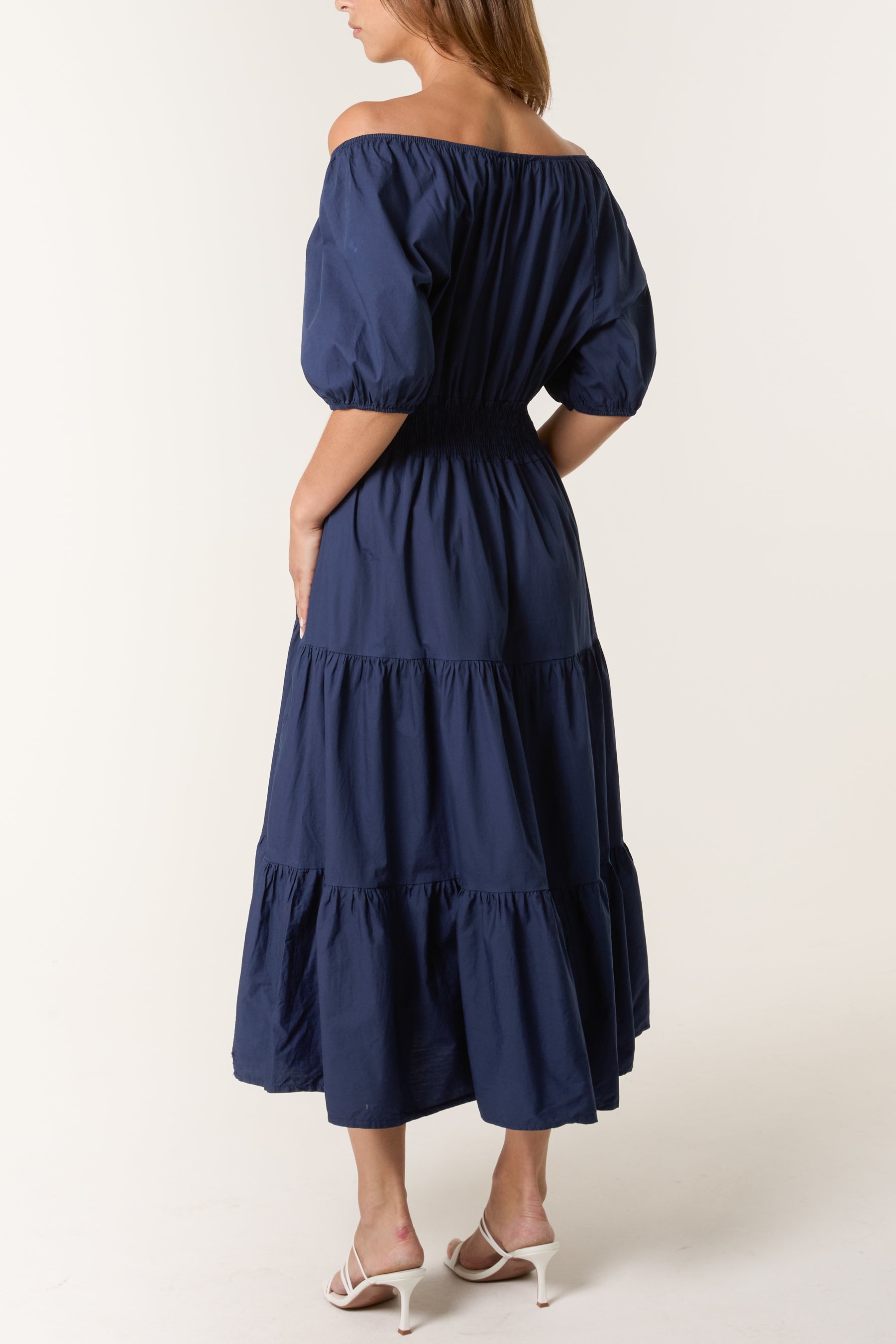Cotton Puff Sleeve Shirred & Tiered Dress