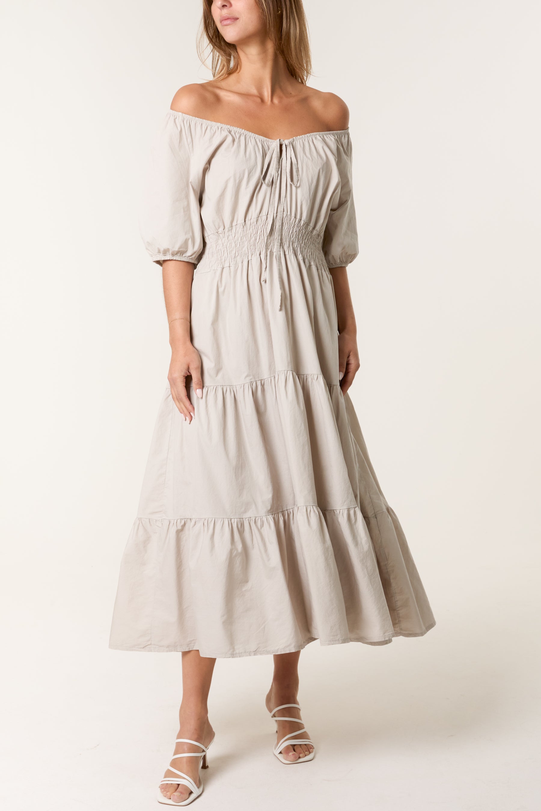 Cotton Puff Sleeve Shirred & Tiered Dress