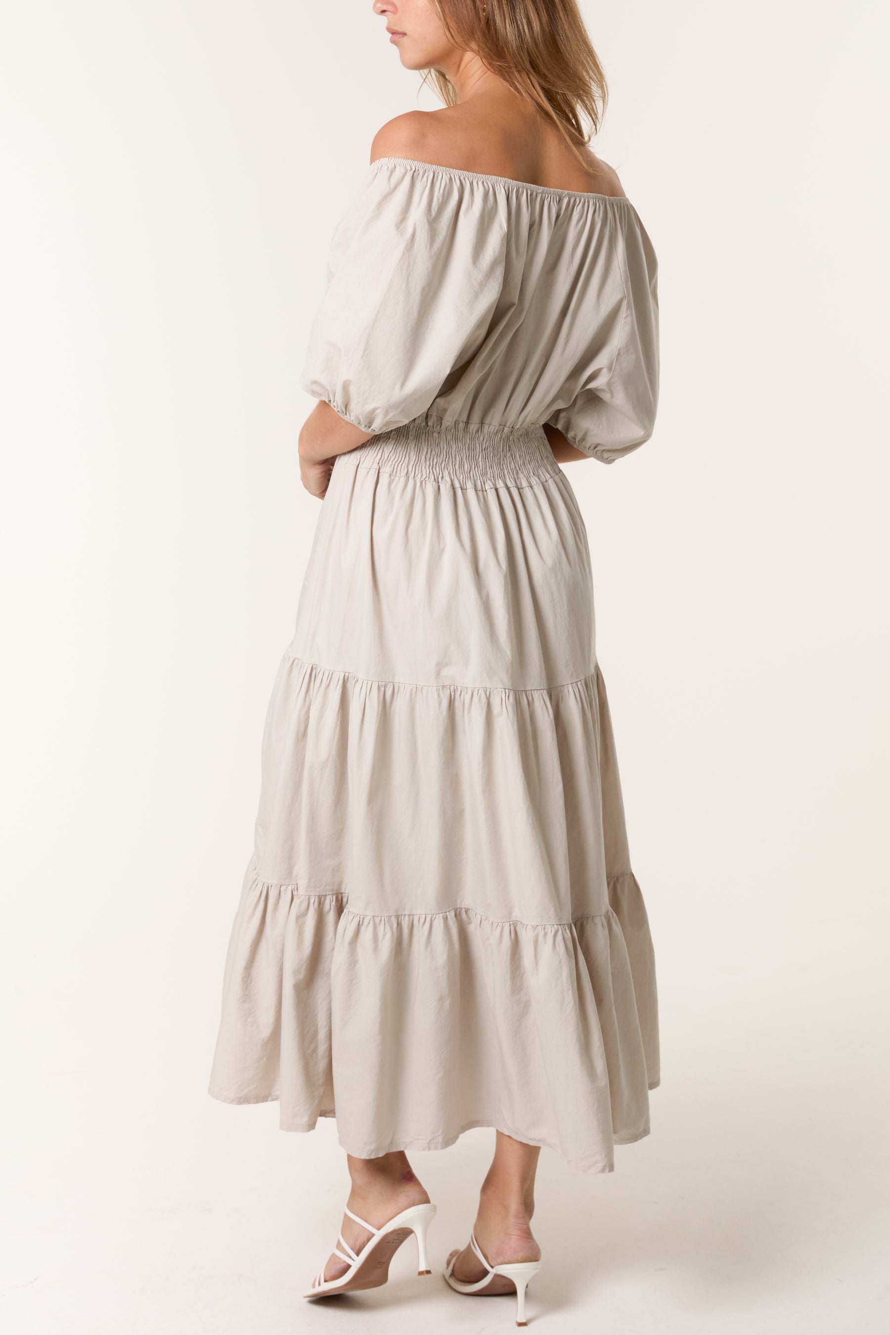 Cotton Puff Sleeve Shirred & Tiered Dress