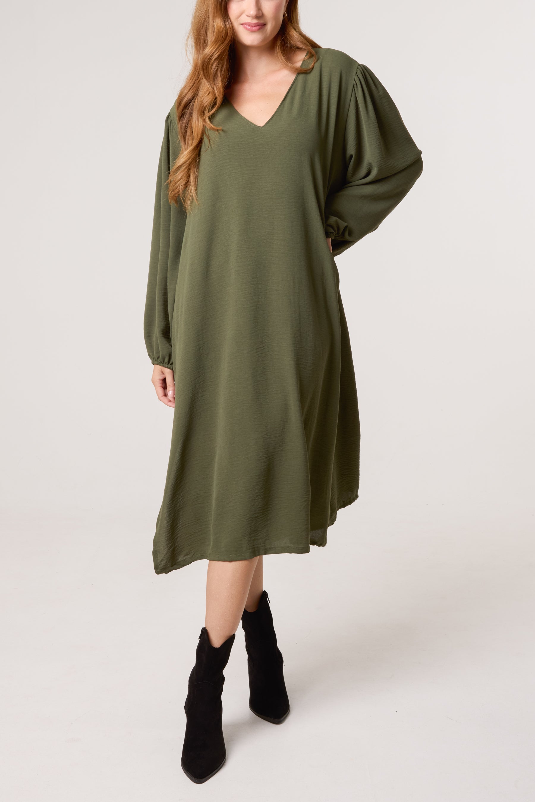 V-Neck Puffball Sleeve Midi Dress