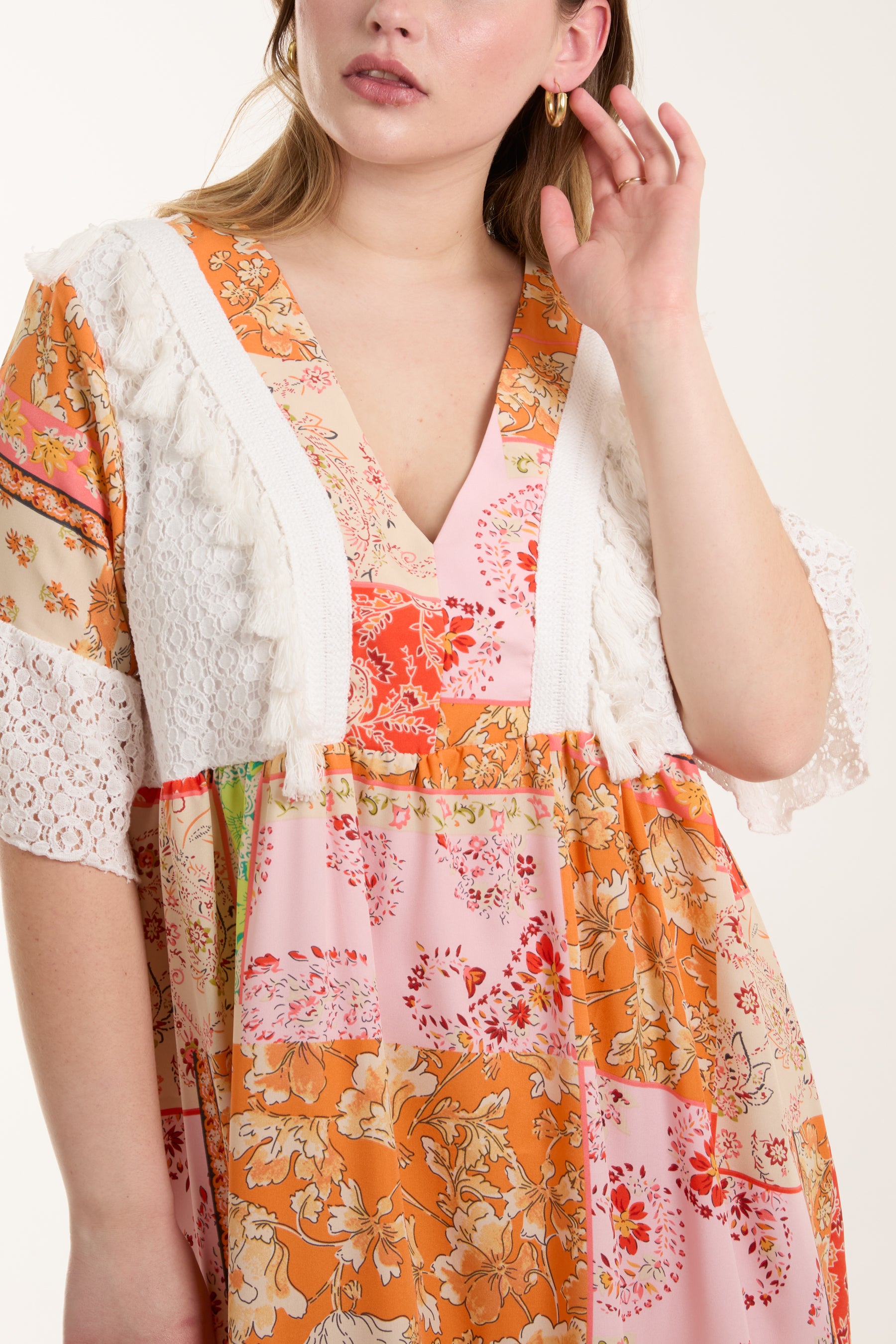 Floral Print Dress w/ Lace & Tassels