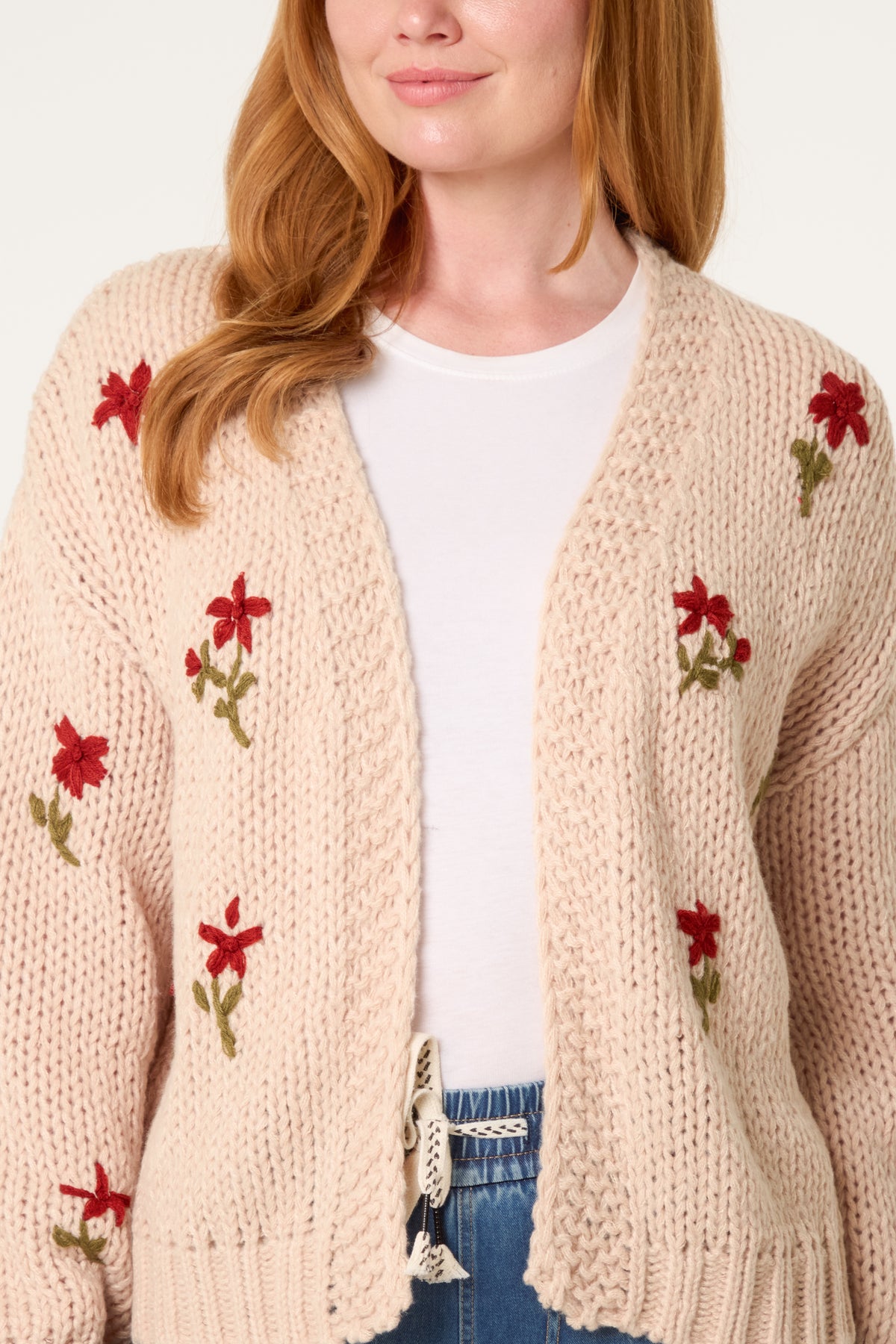 Chunky Knit Flower Embroidered Cardigan