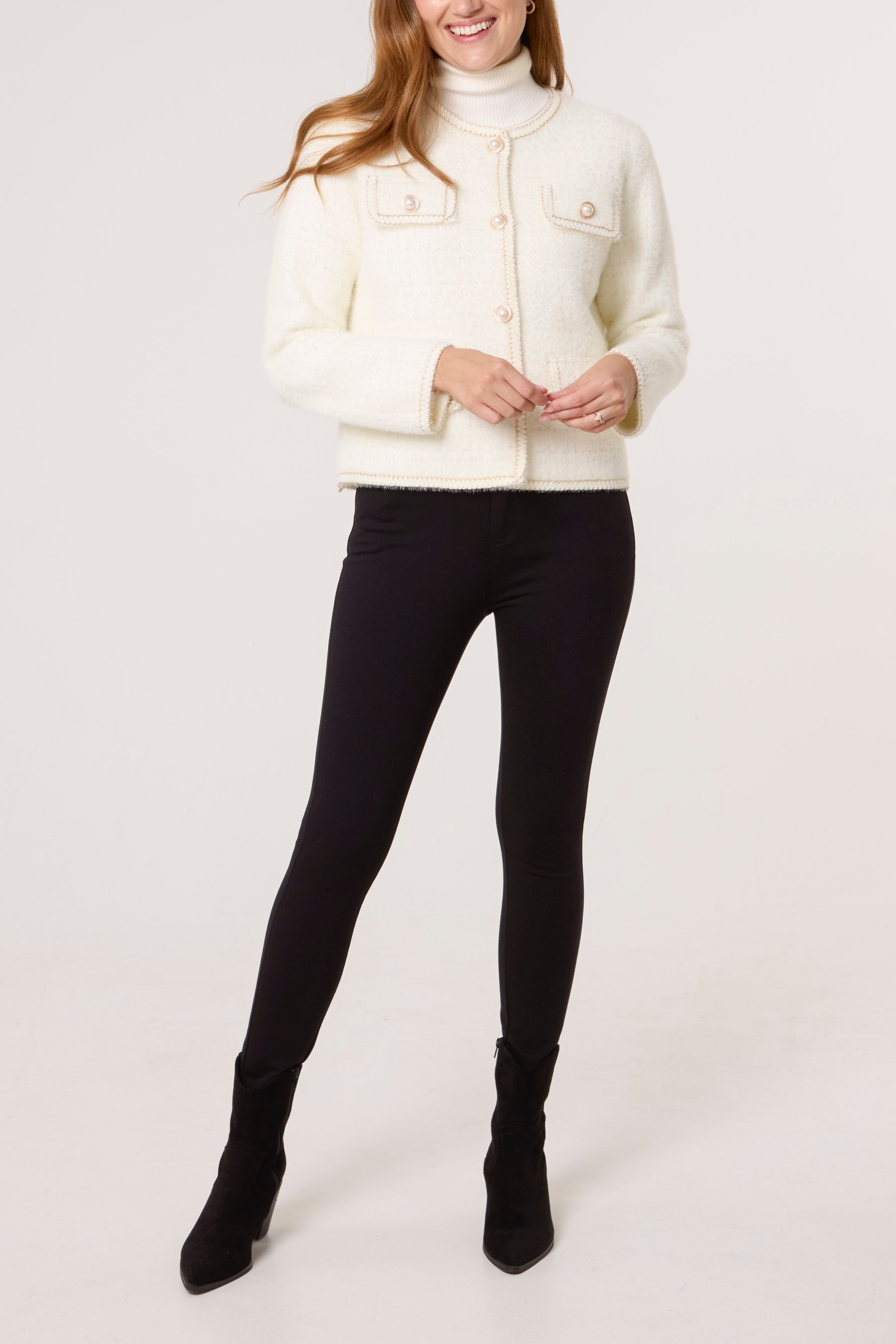 Pearl Button Check Knit Pocket Cardigan